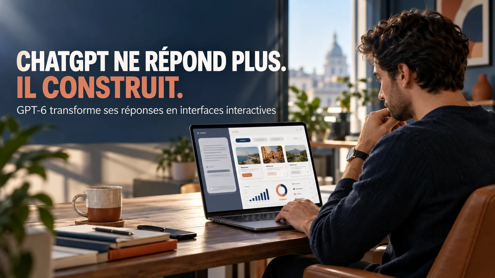 Consultante explorant sur son ordinateur une interface interactive générée par GPT-6 avec graphique, curseur et calculateur
