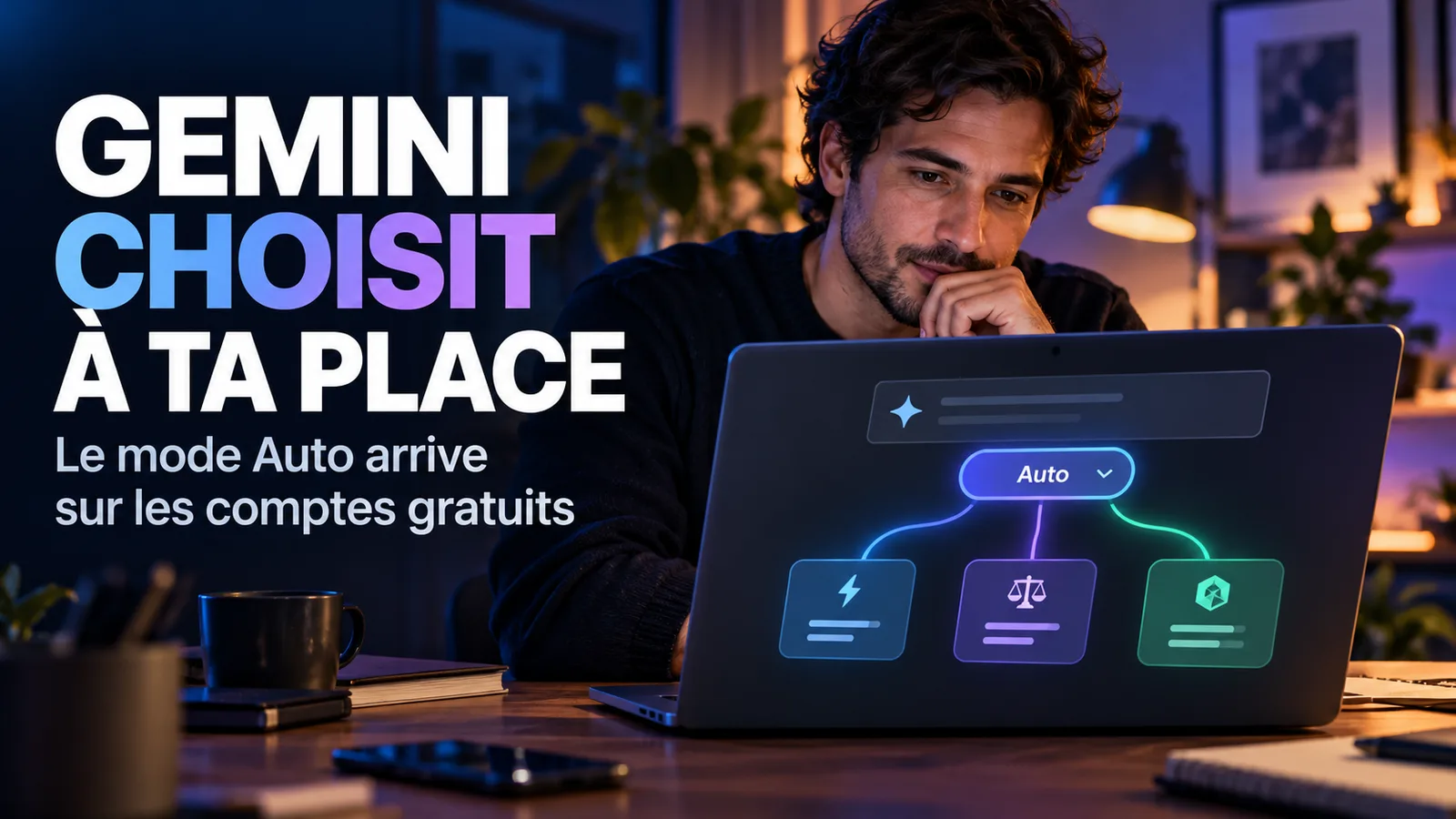 Consultante indépendante vérifiant un document face à un ordinateur illustrant trois niveaux de traitement automatique par Gemini