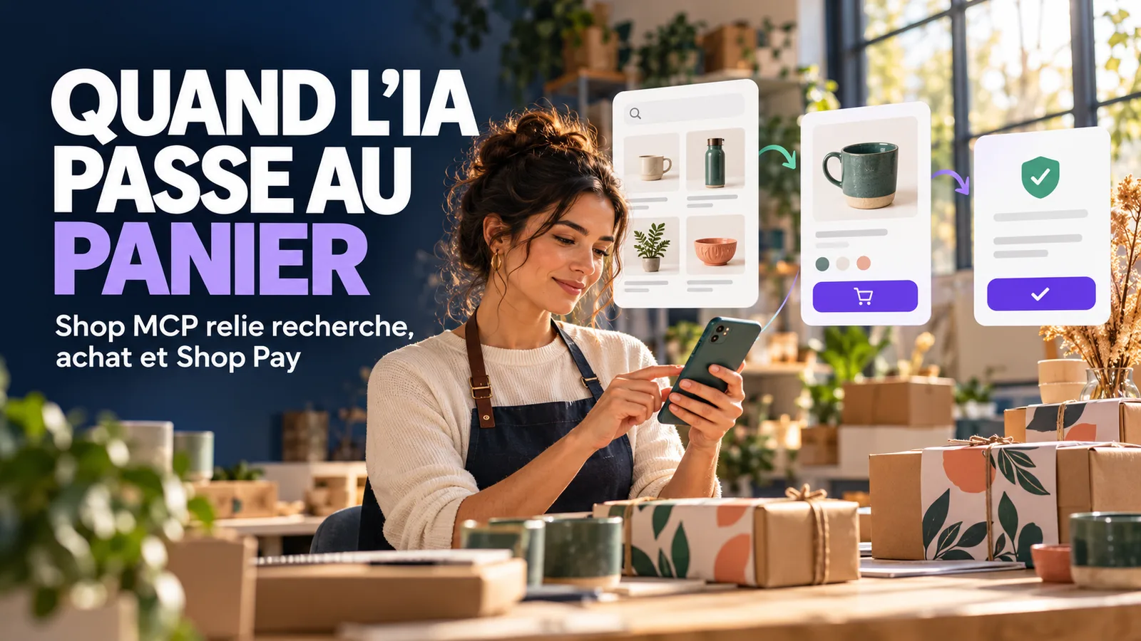 Creator e-commerce checking on computer an AI agent journey linking search, cart, payment and parcels.