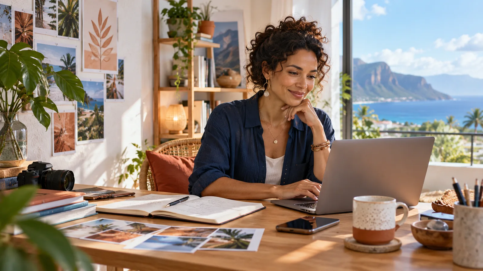 Independent consultant at La R&eacute;union preparing a paid video conference and advice offer in front of his computer