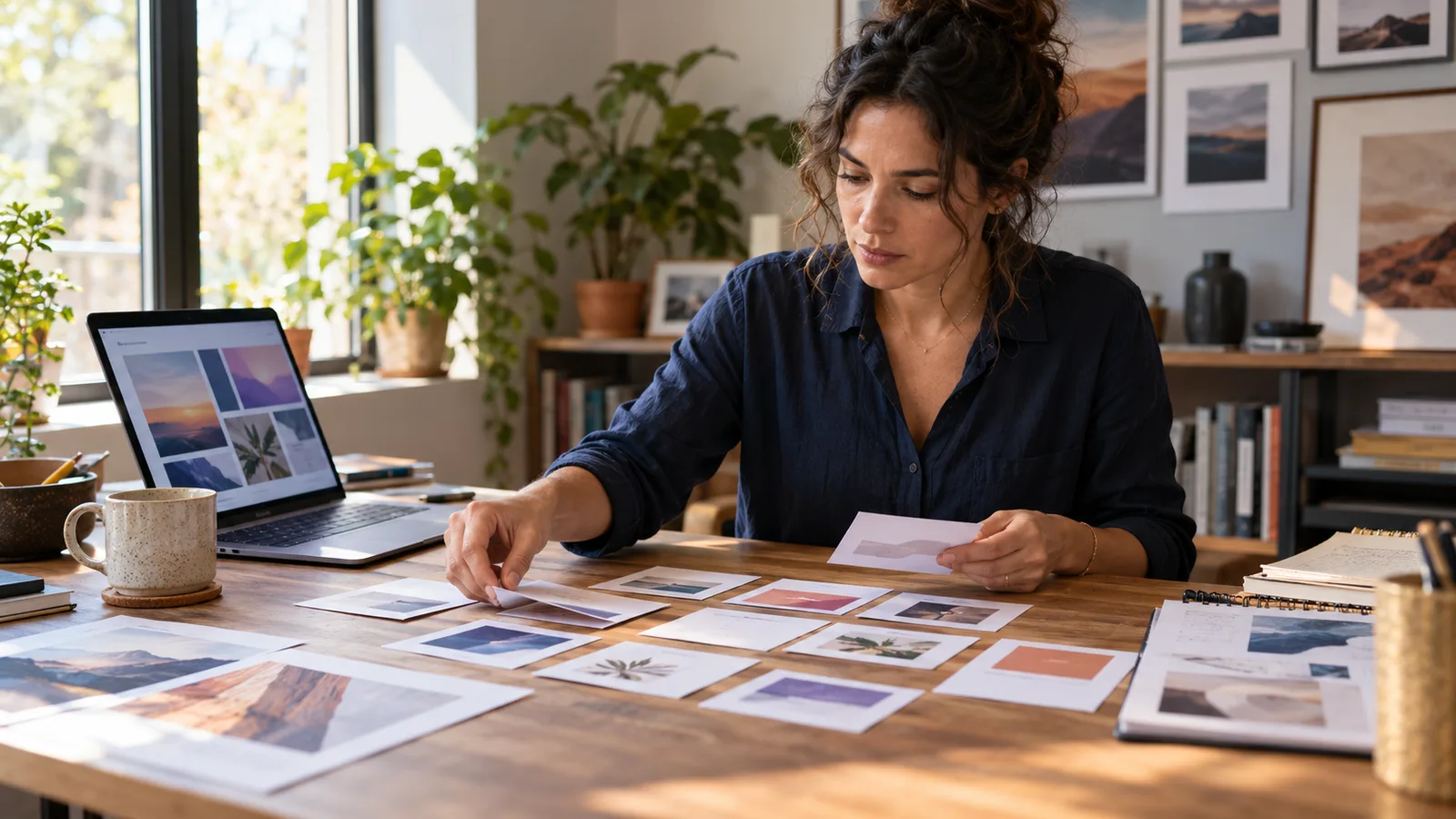 Trainer rereading a presentation plan and reorganizing maps before the final generation by an AI