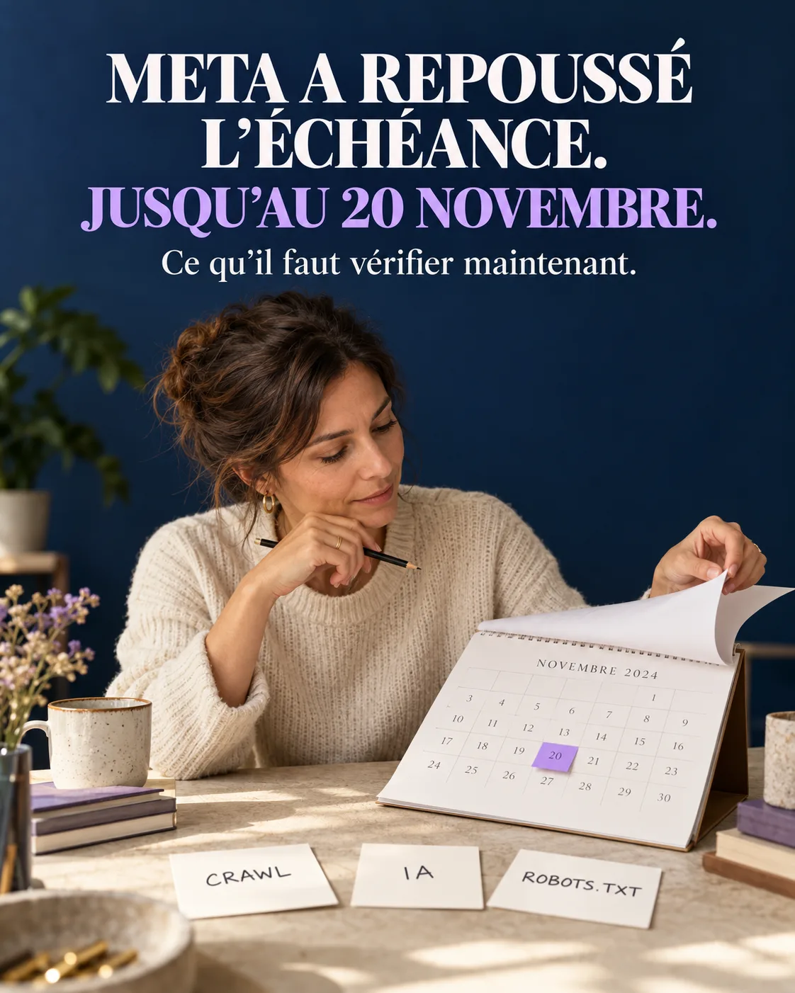 Créatrice indépendante déplaçant un repère de délai sur une frise papier tout en vérifiant ses conditions numériques et ses contenus.