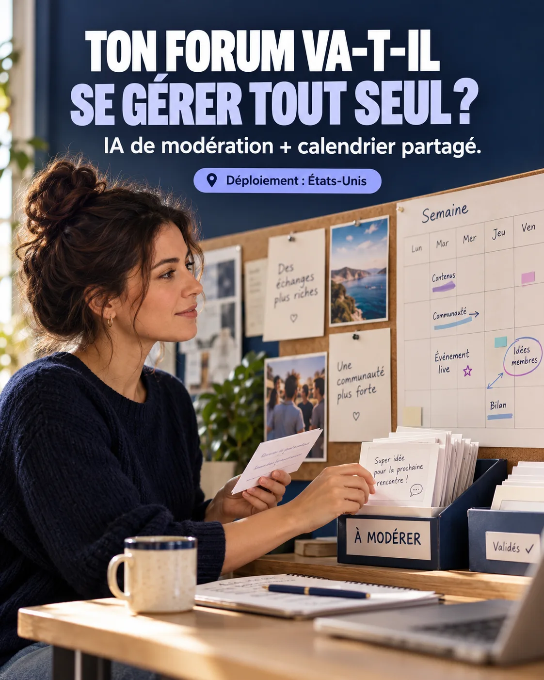 Responsable de communauté triant des cartes de publications devant un calendrier éditorial partagé dans un studio chaleureux
