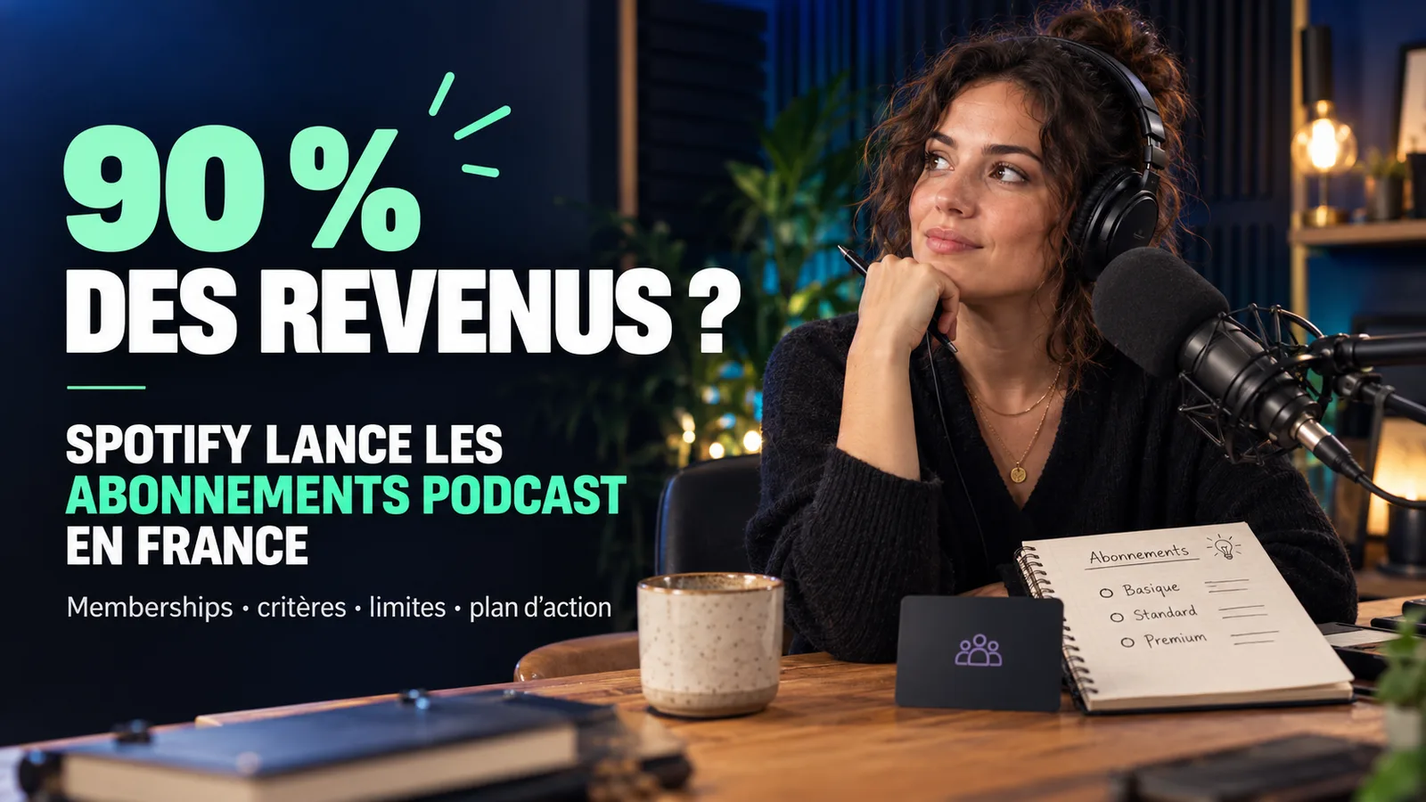 Créatrice de podcast préparant des contenus réservés et des avantages membres dans un studio chaleureux après un enregistrement