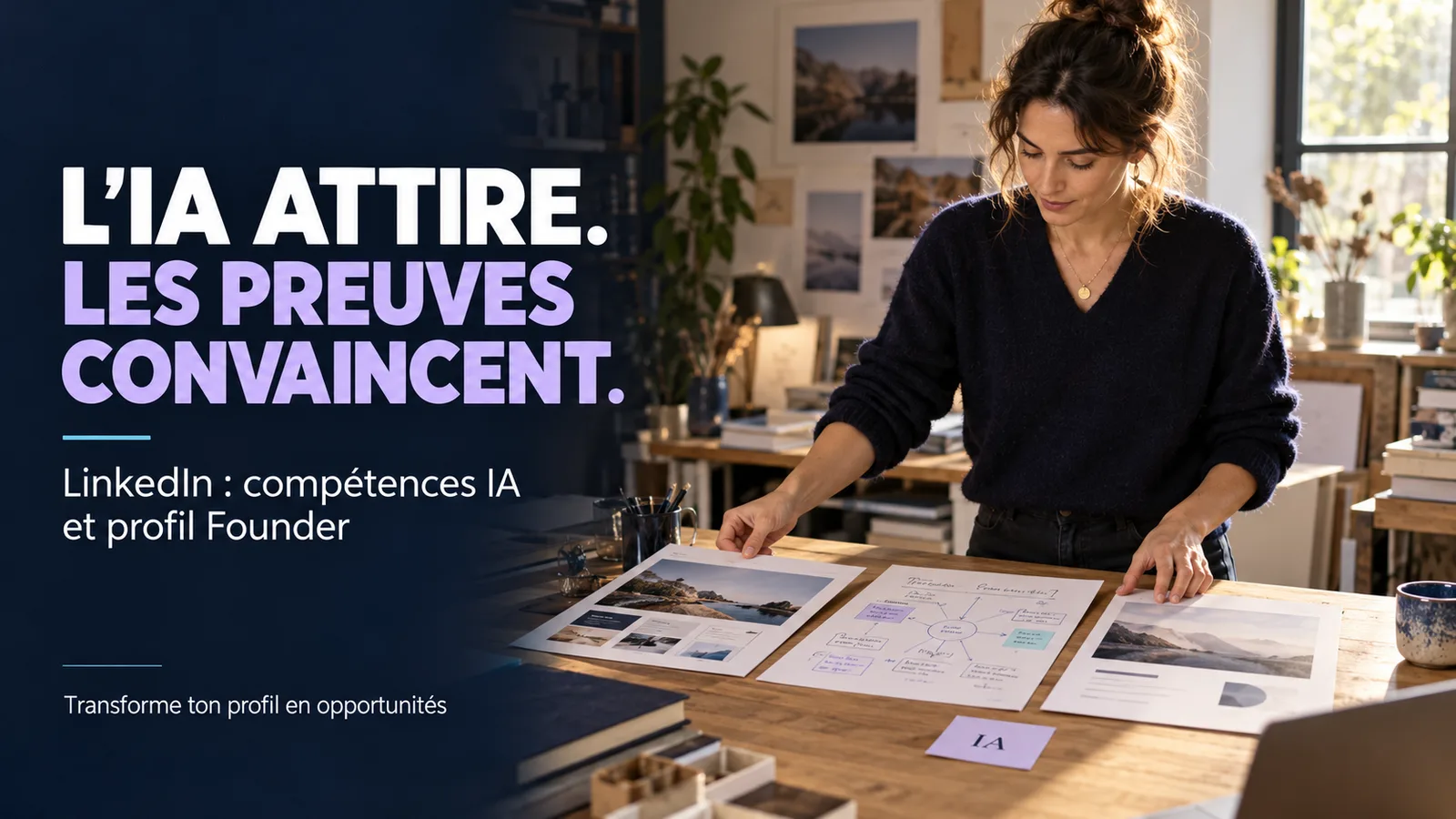 Entrepreneure organisant des études de cas et des résultats concrets sur un mur de preuves professionnel.