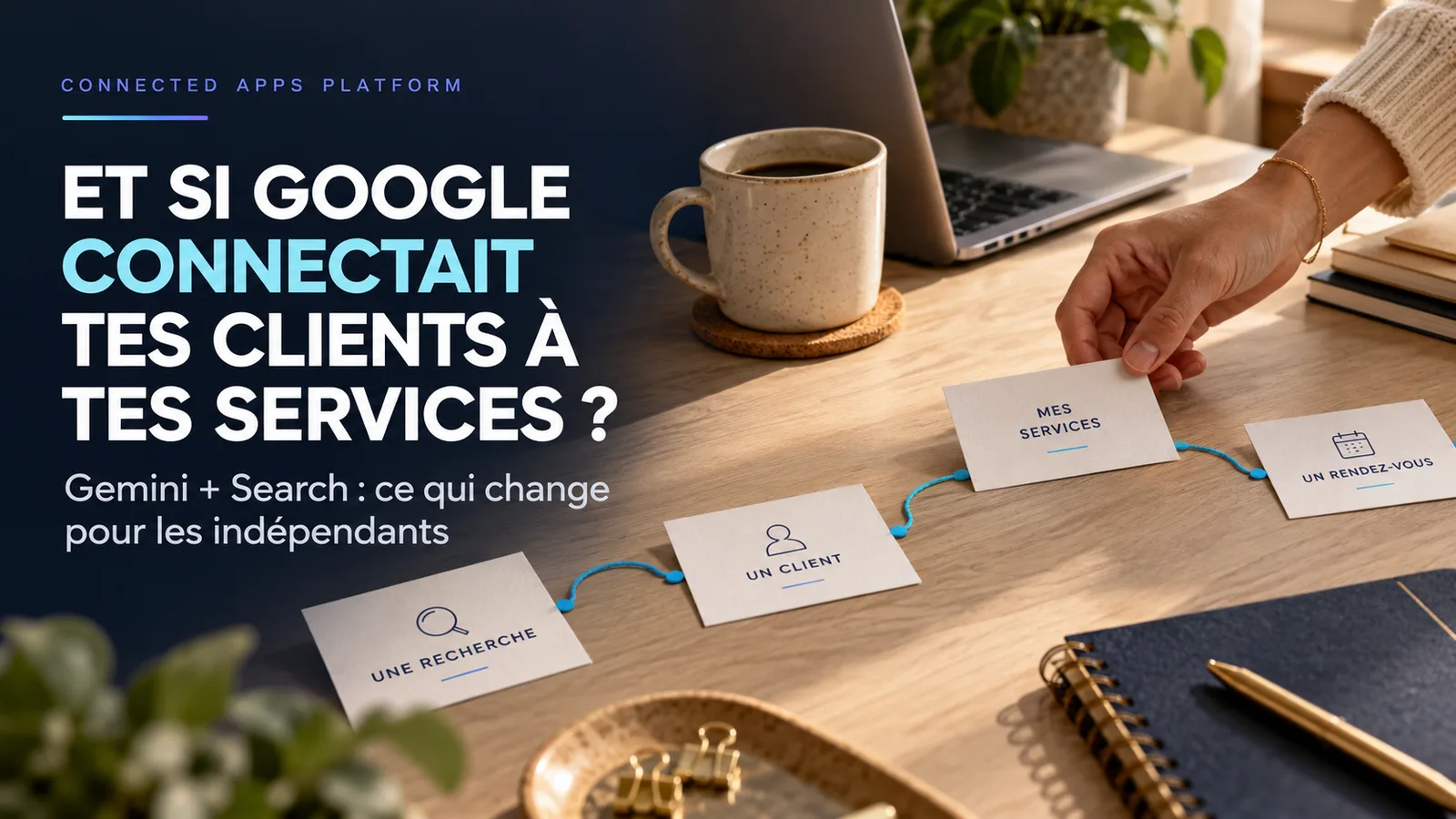 Entrepreneure organisant un parcours de service allant de la découverte à une action validée sur un bureau.
