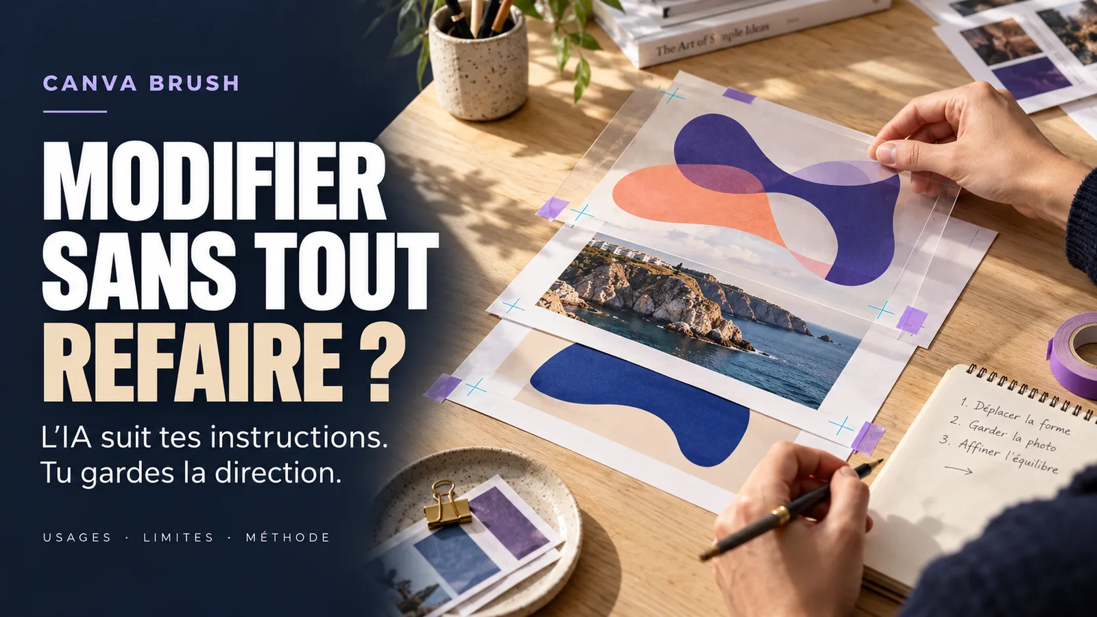Créatrice déclinant une même composition éditoriale en affiche, carré, format vertical et présentation sur une table.