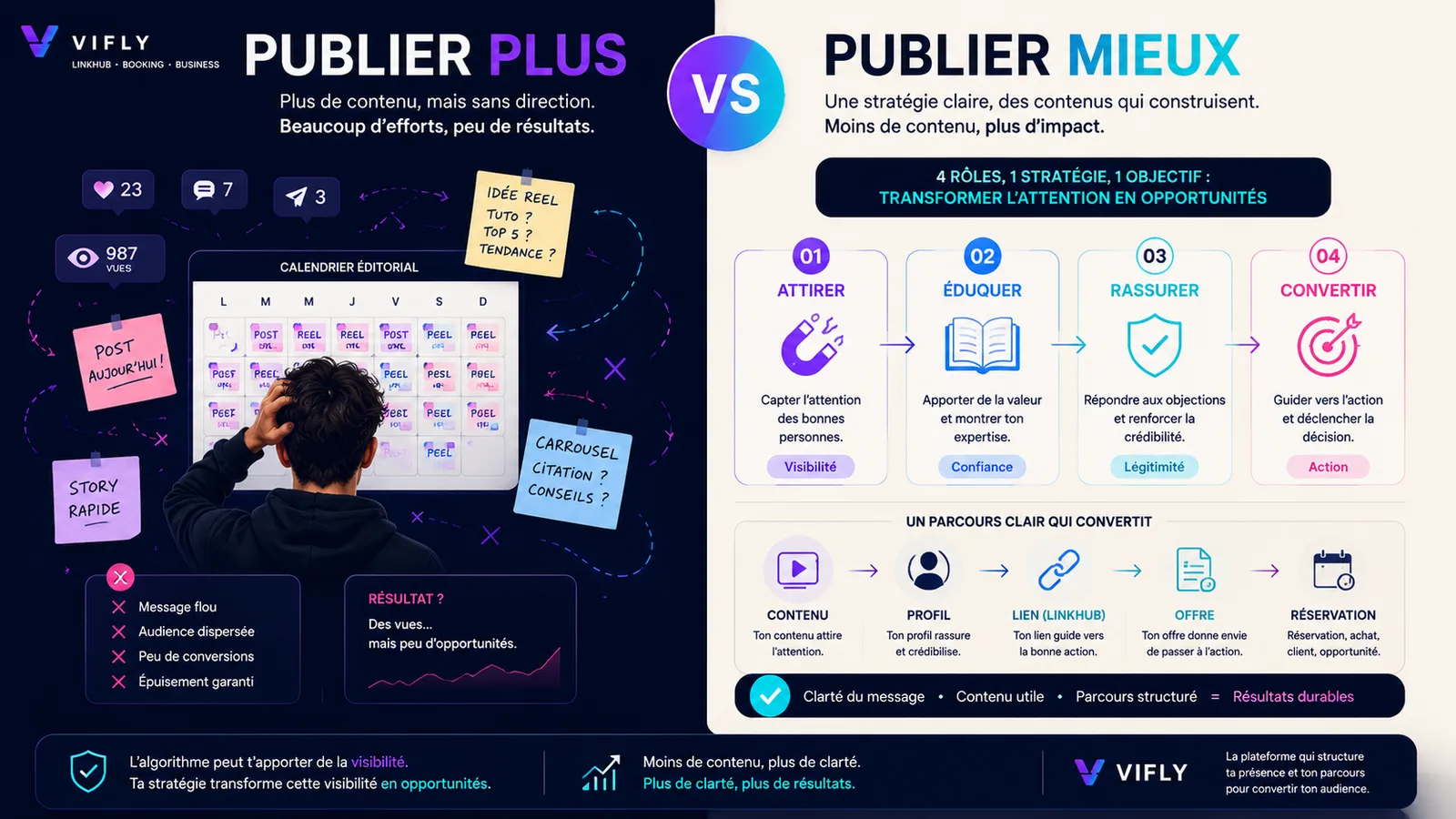 Comparaison entre publier plus sans stratégie et publier mieux avec une stratégie de contenu claire pour attirer, rassurer et convertir.