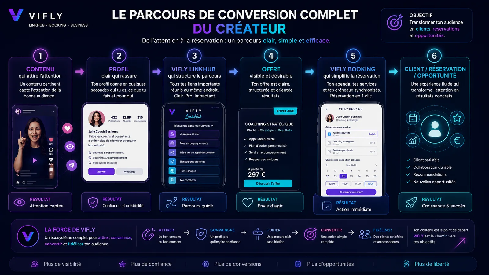Schéma montrant comment un contenu peut conduire vers un profil clair, un LinkHub structuré, une offre visible et une réservation client avec VIFLY.