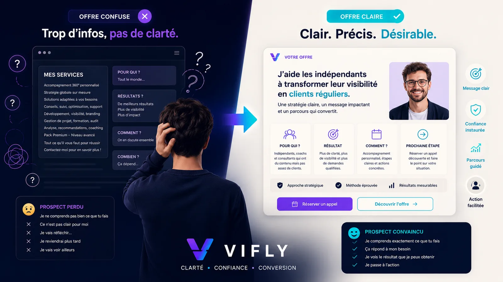 Indépendant comparant une offre confuse et une offre claire pour mieux présenter ses services et convertir ses prospects.