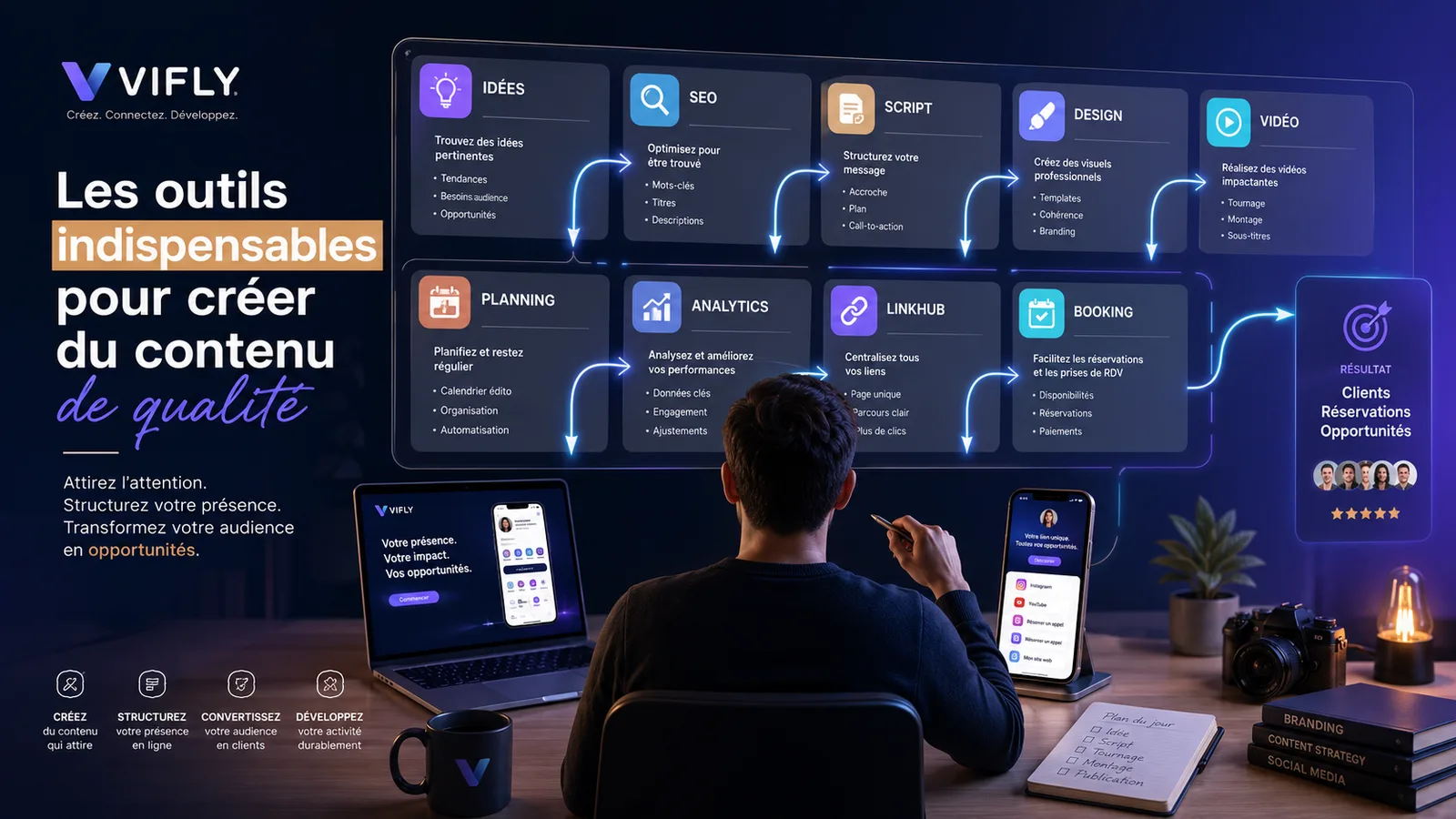 Créateur utilisant une boîte à outils digitale pour produire du contenu de qualité, structurer ses idées, analyser ses résultats et convertir son audience.