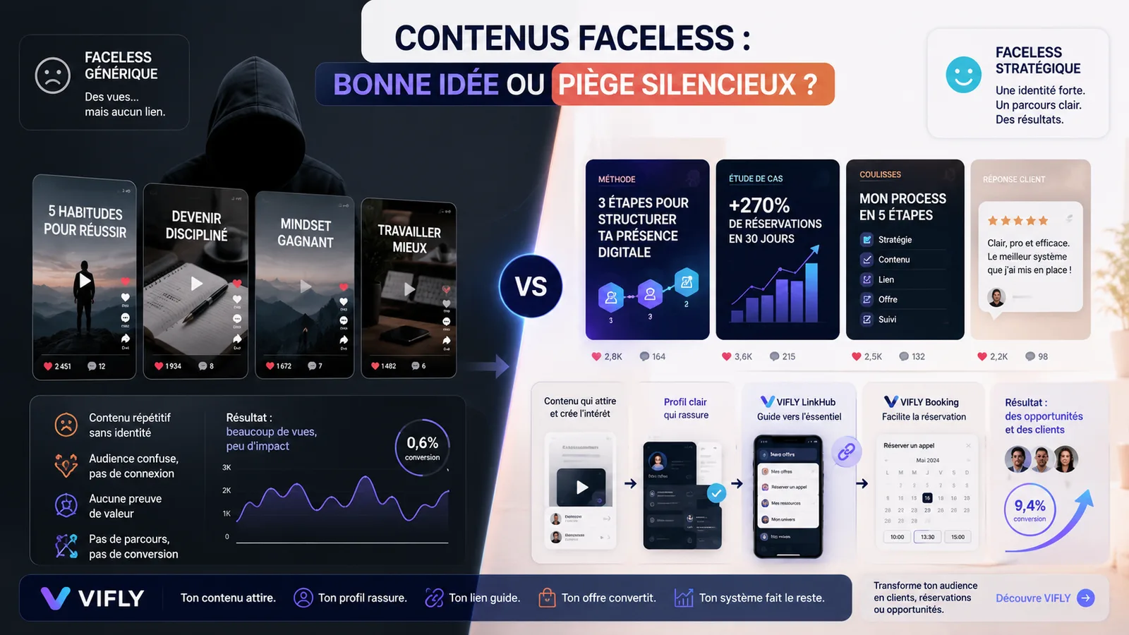 Comparaison entre un contenu faceless générique et un contenu faceless stratégique avec identité claire, confiance et parcours de conversion.