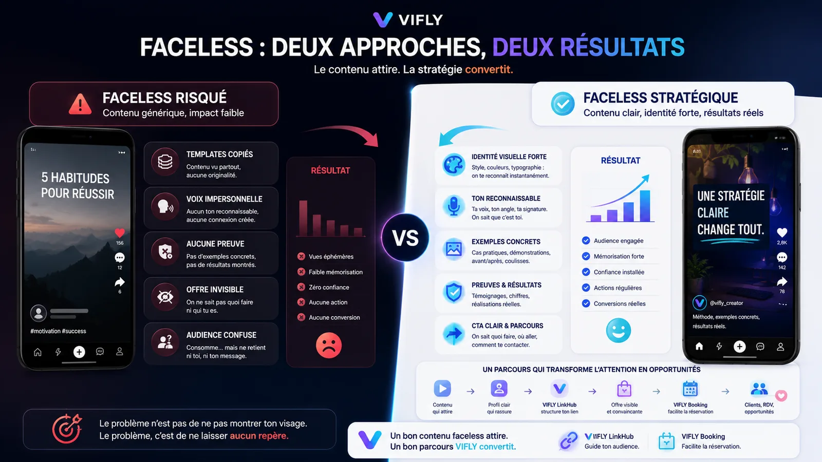 Comparaison entre un contenu faceless générique qui crée du doute et un contenu faceless stratégique qui inspire confiance.