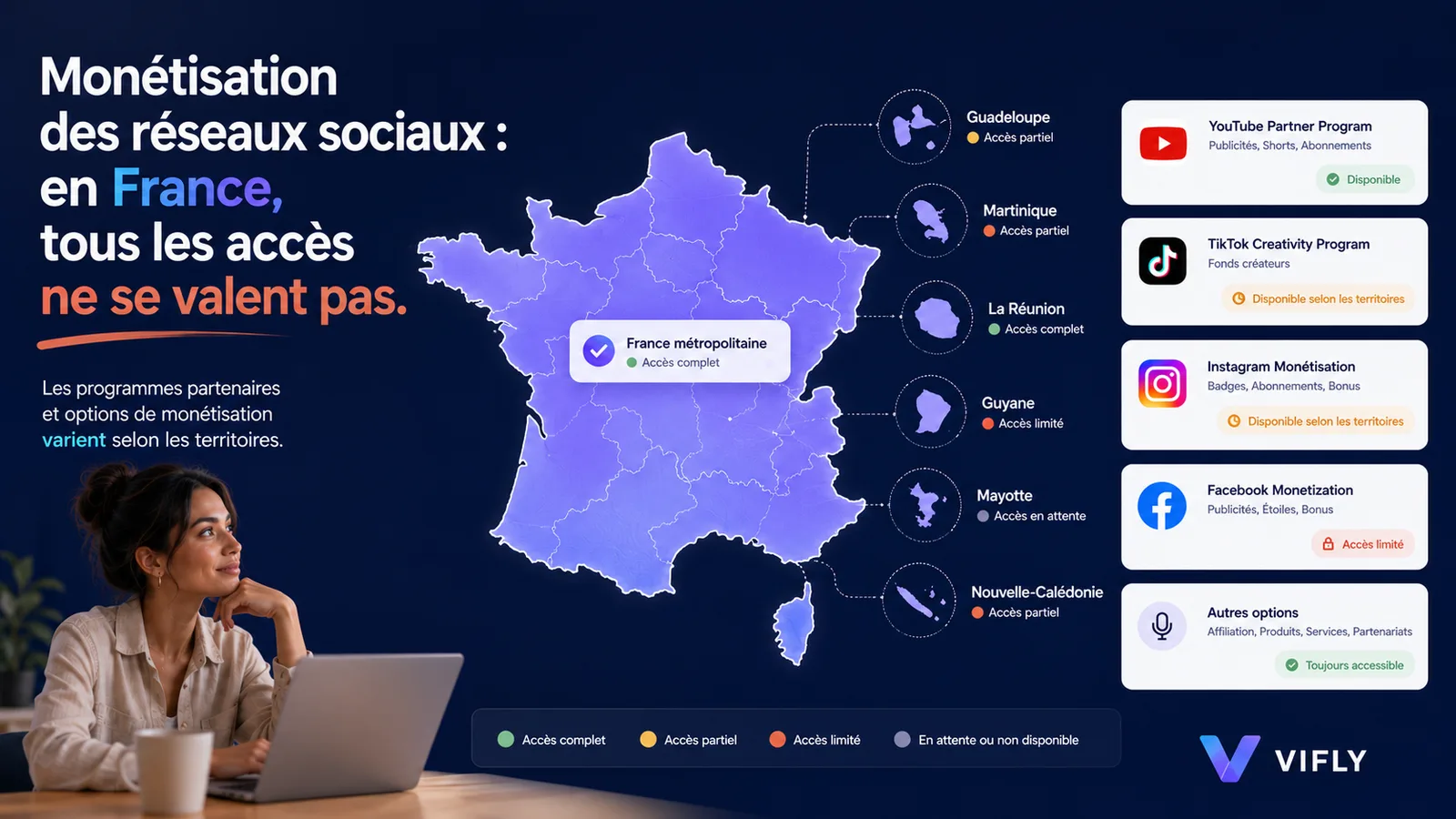 Carte stylisée montrant les différences d’accès aux programmes de monétisation des réseaux sociaux entre la France métropolitaine et les territoires ultramarins.
