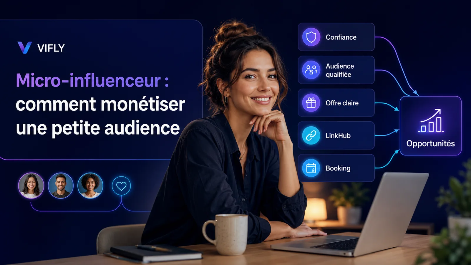 Micro-influenceur structurant une petite audience engagée pour transformer sa visibilité en opportunités avec VIFLY.