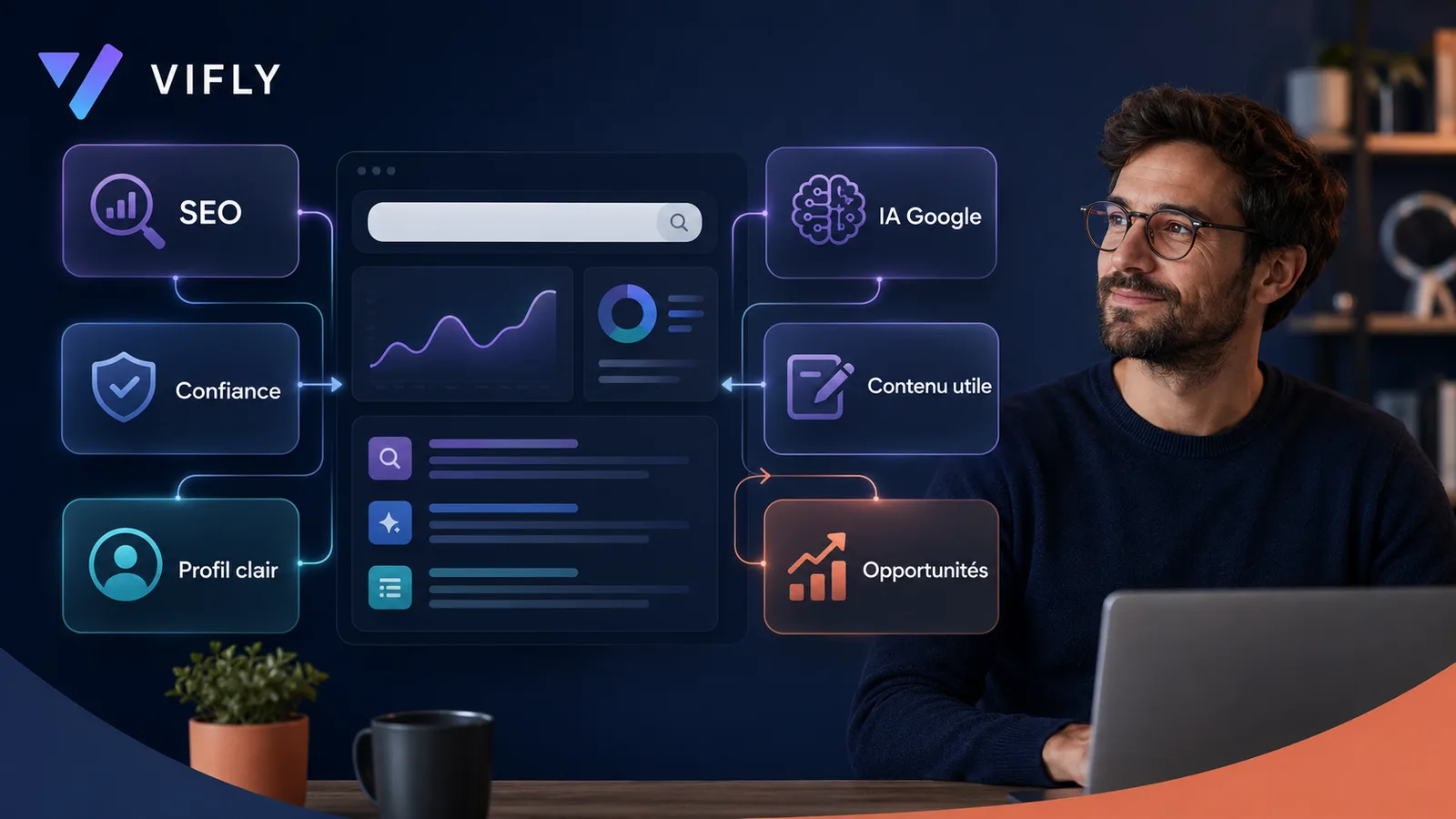 Créateur analysant l’impact de l’IA Google sur le SEO, le contenu utile, la confiance et les opportunités digitales.