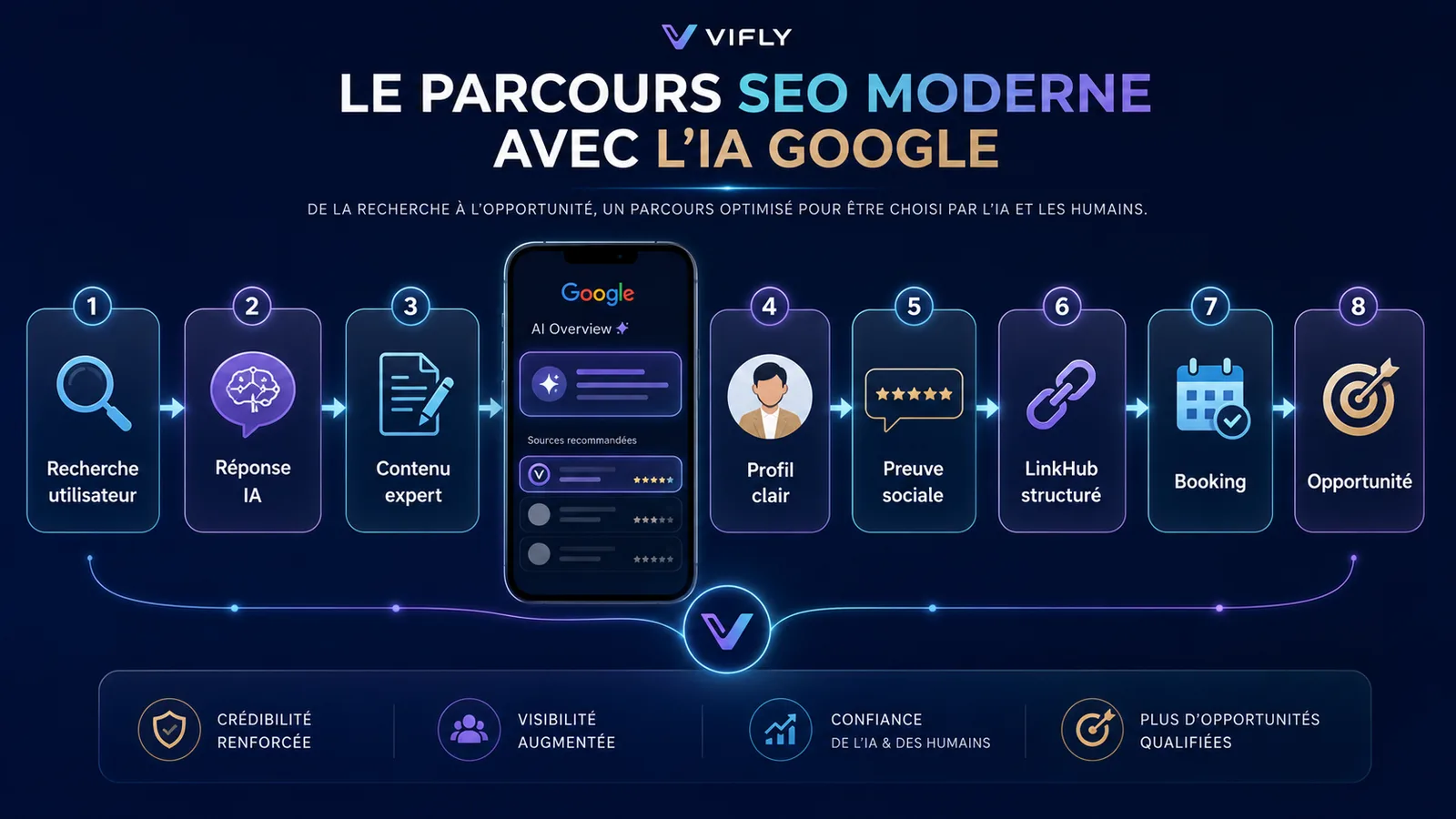 Schéma montrant comment la recherche IA de Google peut mener vers un contenu expert, un profil clair, un LinkHub structuré et une réservation.