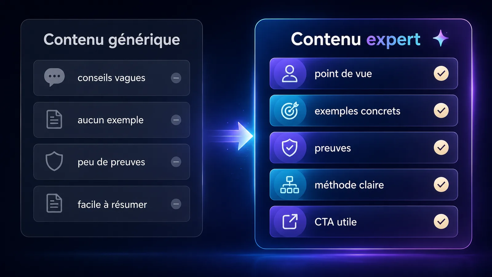 Comparatif entre un contenu SEO générique et un contenu expert mieux adapté à la recherche IA de Google.
