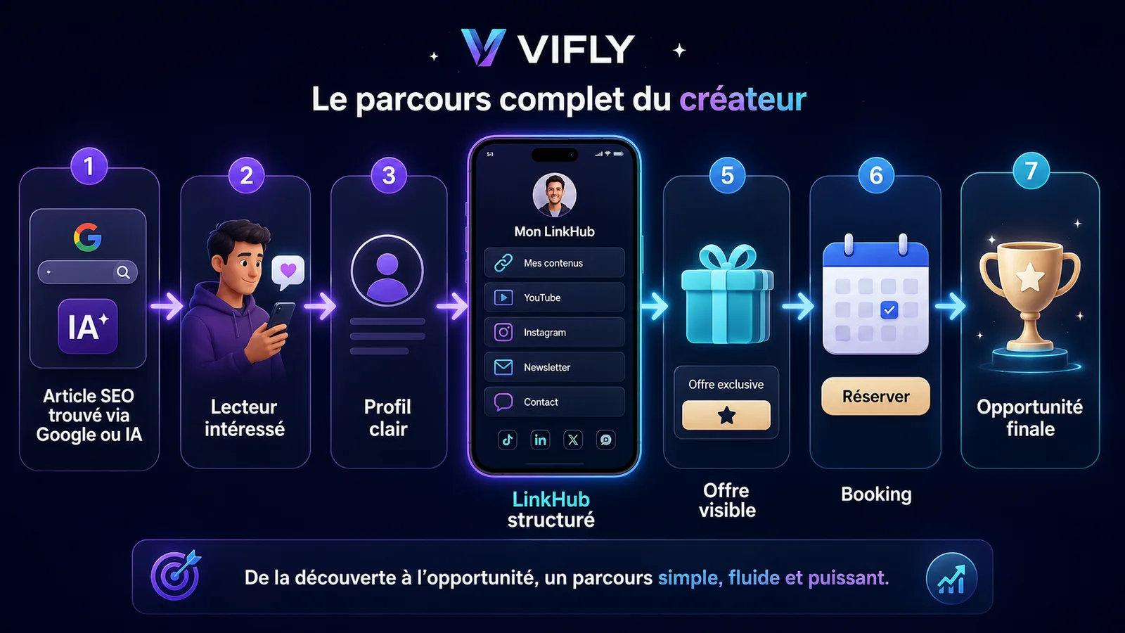 Parcours montrant comment un article SEO peut mener vers un profil VIFLY, un LinkHub, une offre visible et une réservation.