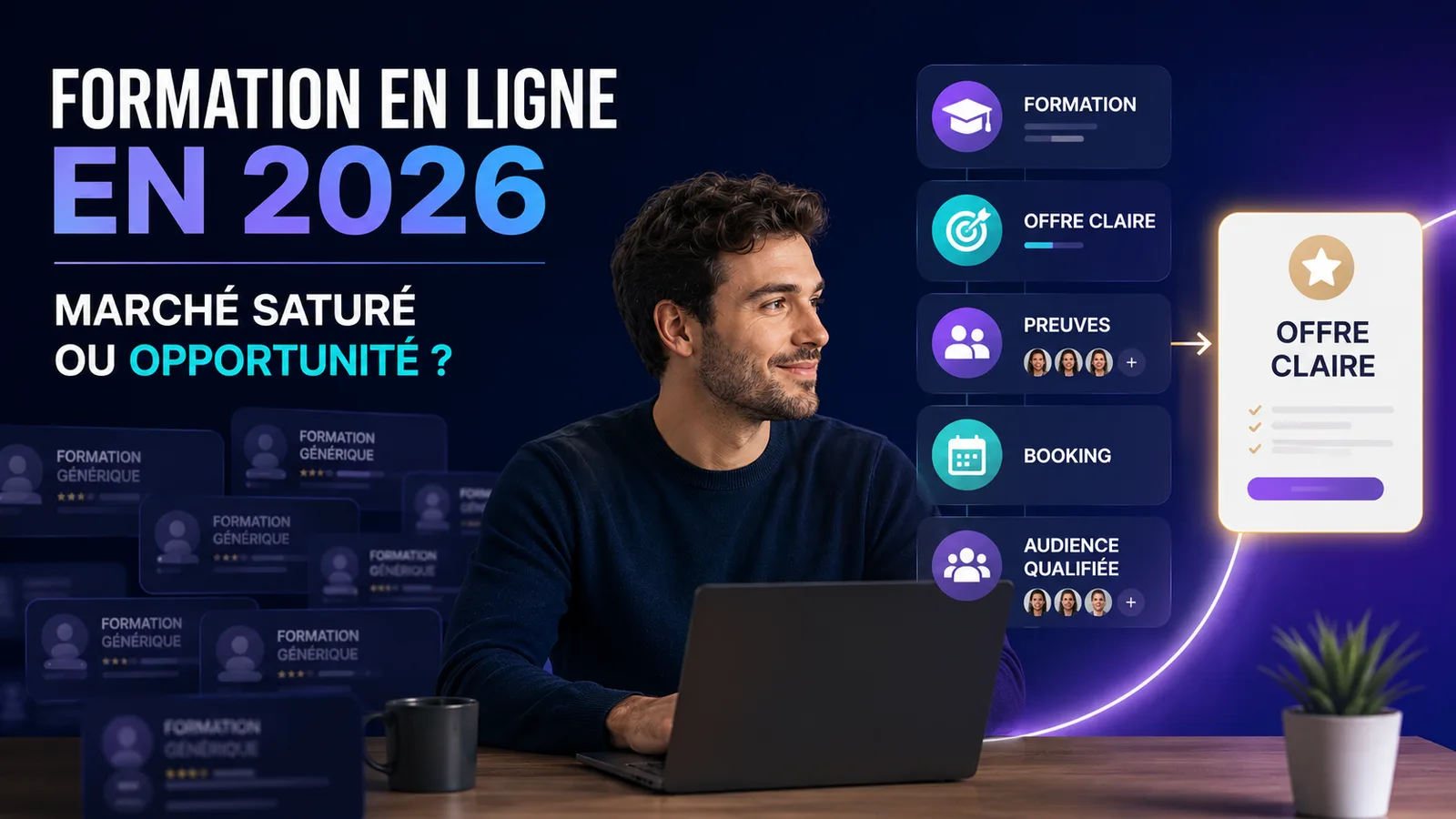 Créateur structurant une formation en ligne claire en 2026 dans un marché digital saturé.