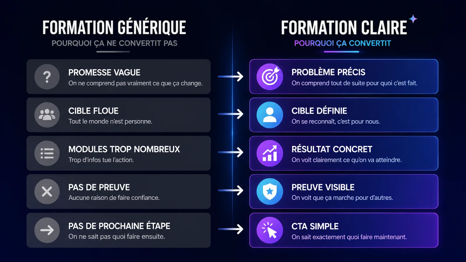 Comparaison entre une formation en ligne générique et une formation claire qui répond à un problème précis.