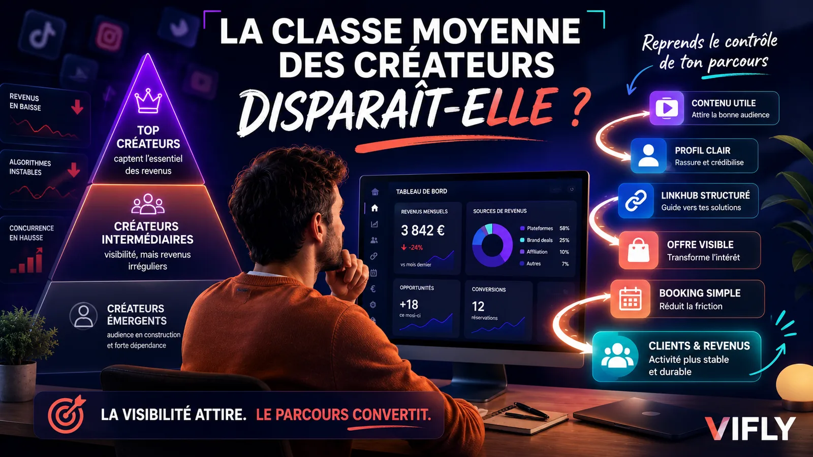 Créateur analysant la concentration des revenus dans la creator economy et un parcours de monétisation plus durable.