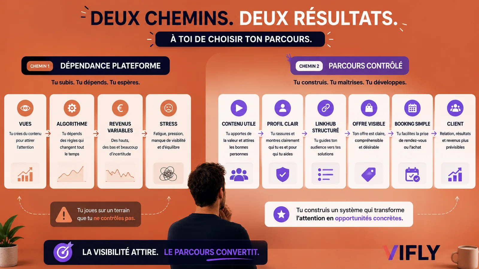 Schéma comparant la dépendance aux plateformes et un parcours de monétisation contrôlé pour créateurs.