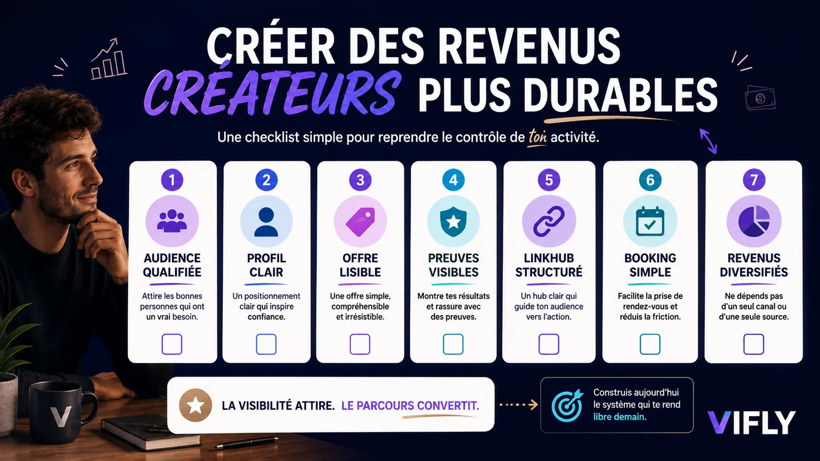 Checklist pour aider les créateurs à construire des revenus plus durables avec une audience qualifiée, une offre claire et un parcours structuré.