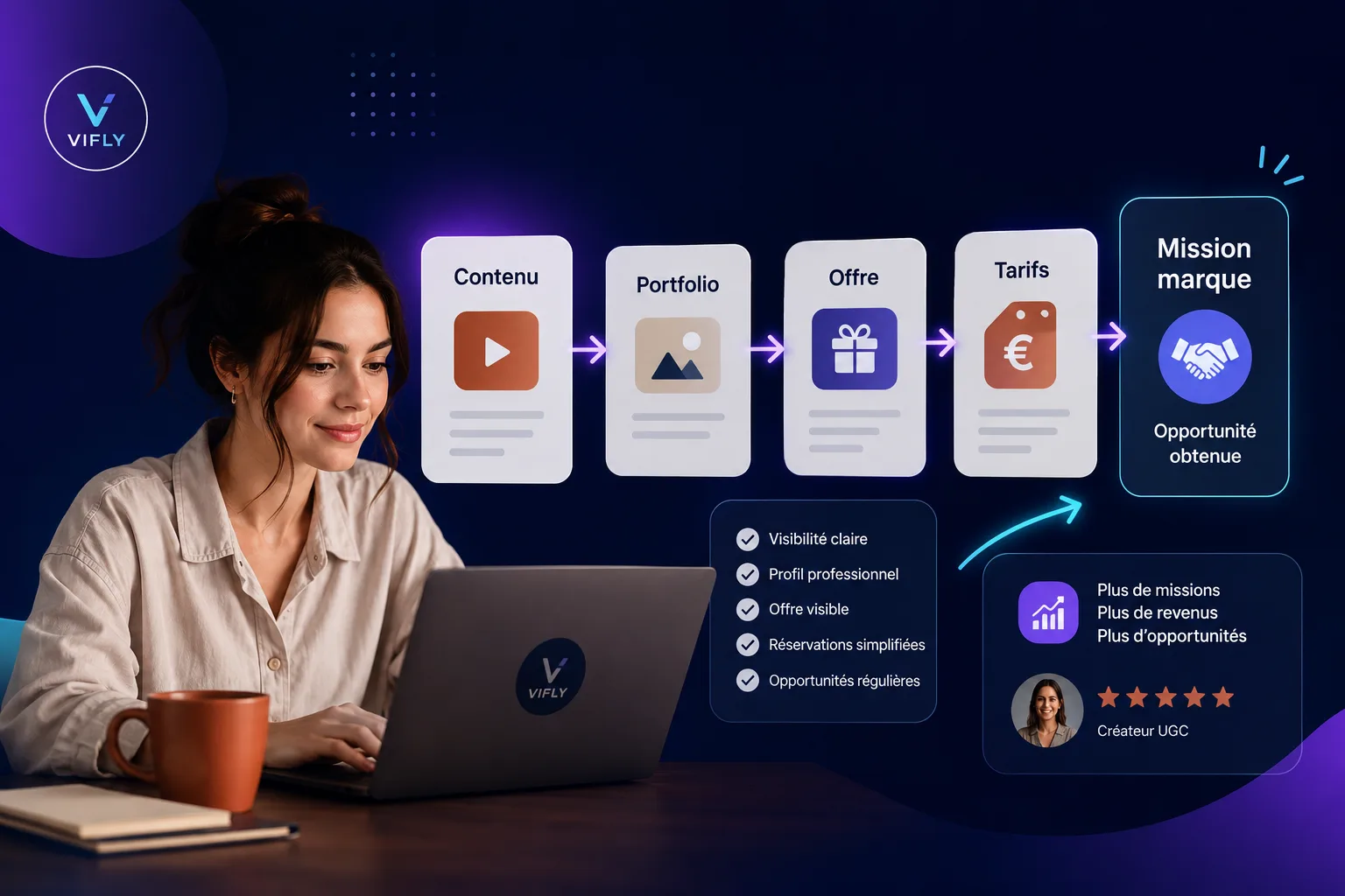 Créateur UGC transformant ses contenus en missions, revenus et opportunités grâce à un profil professionnel.