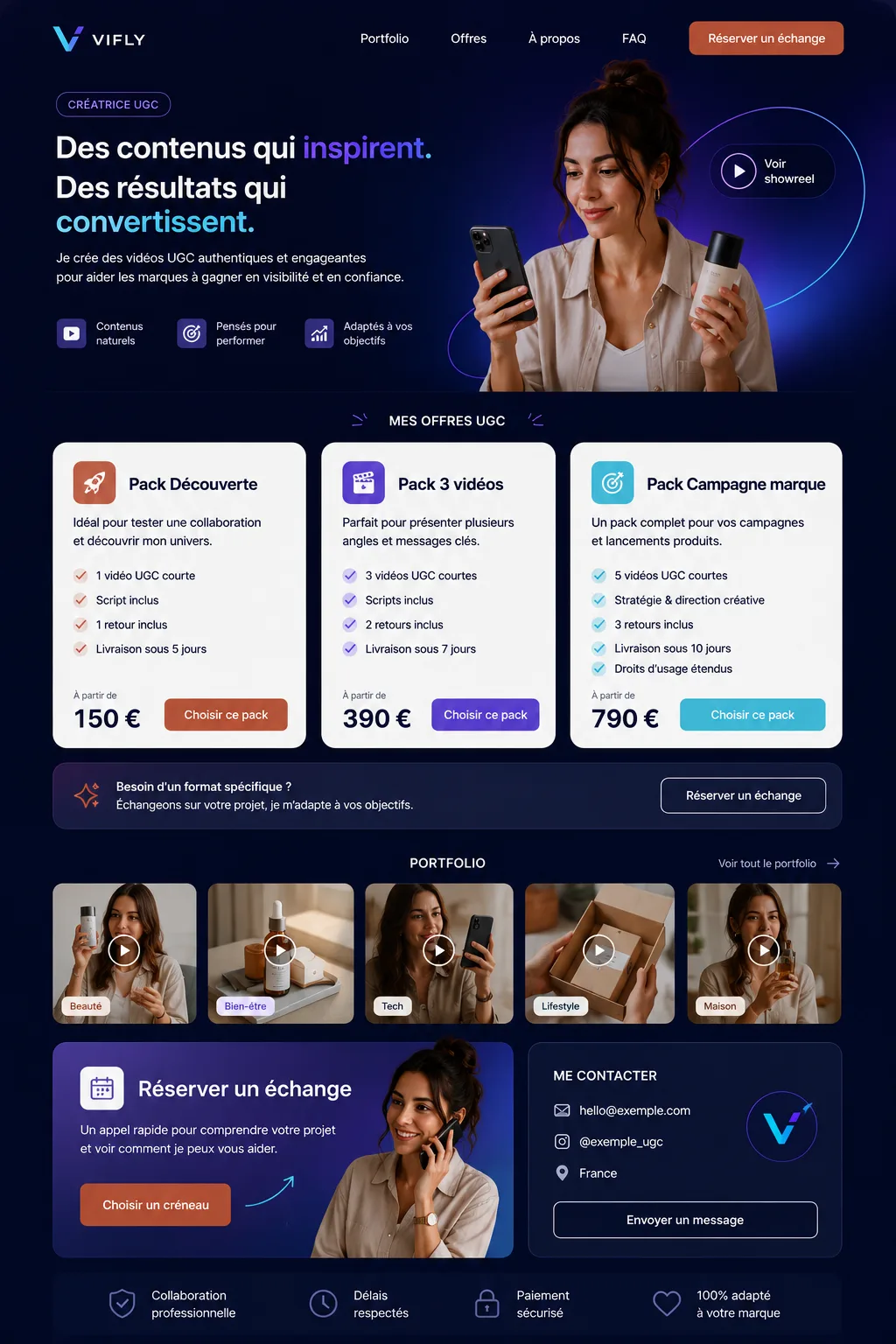 Exemple de page d’offre claire pour créateur UGC avec portfolio, packs et réservation.