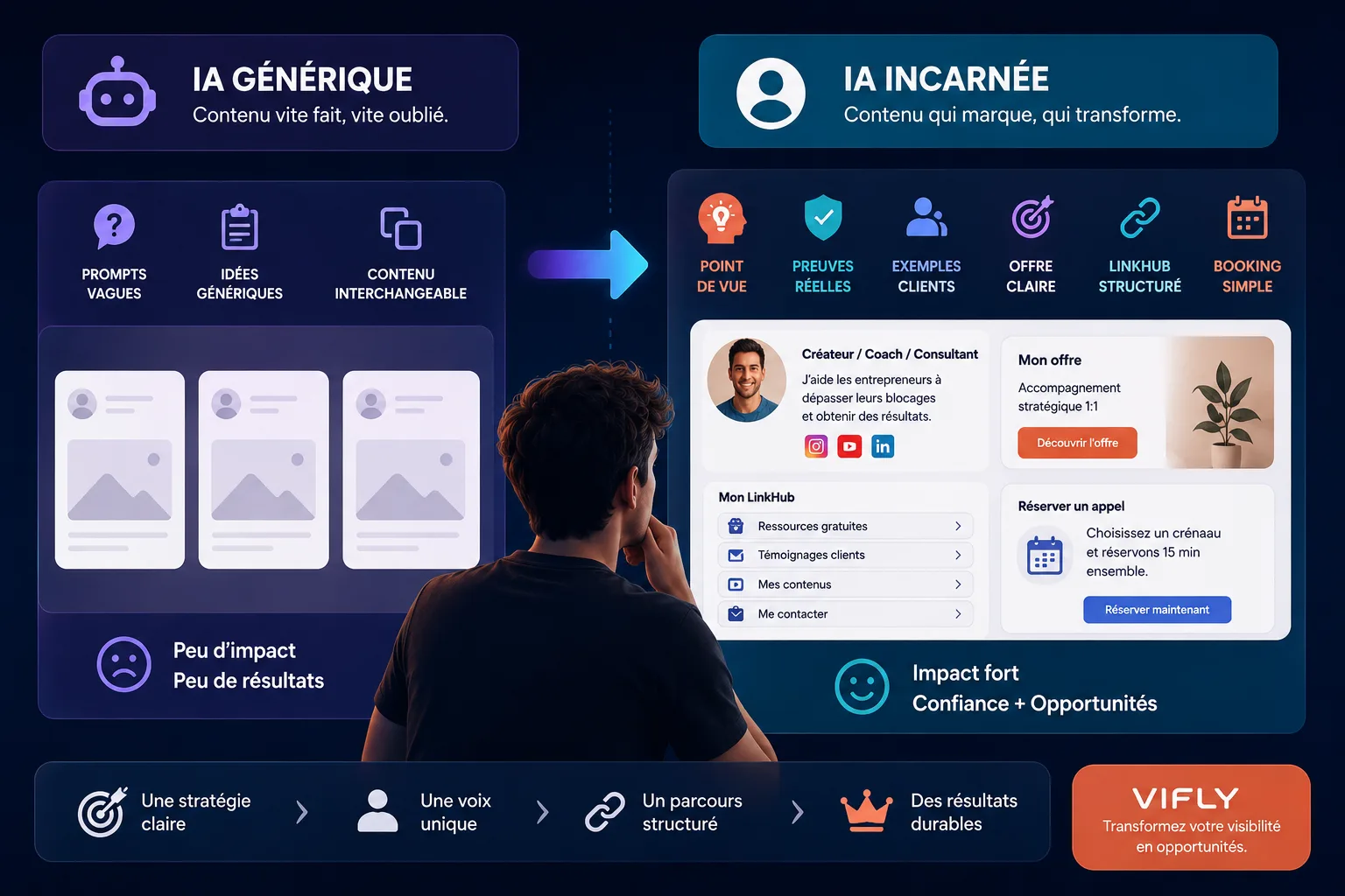 Schéma comparant un contenu IA générique et un contenu IA incarné avec point de vue, preuve, offre et parcours clair.