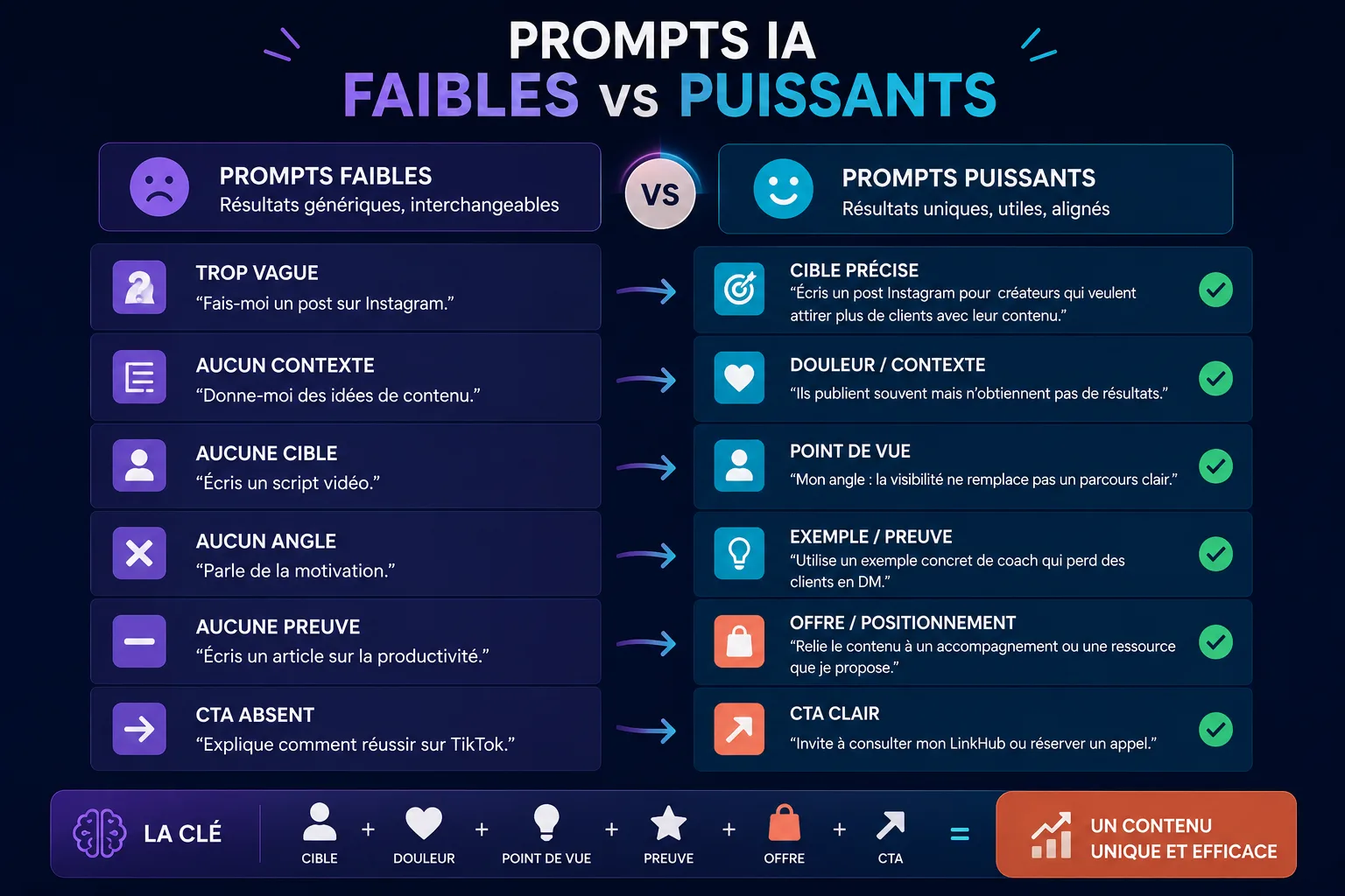 Tableau comparant des prompts IA faibles et des prompts puissants pour créer du contenu original et utile.