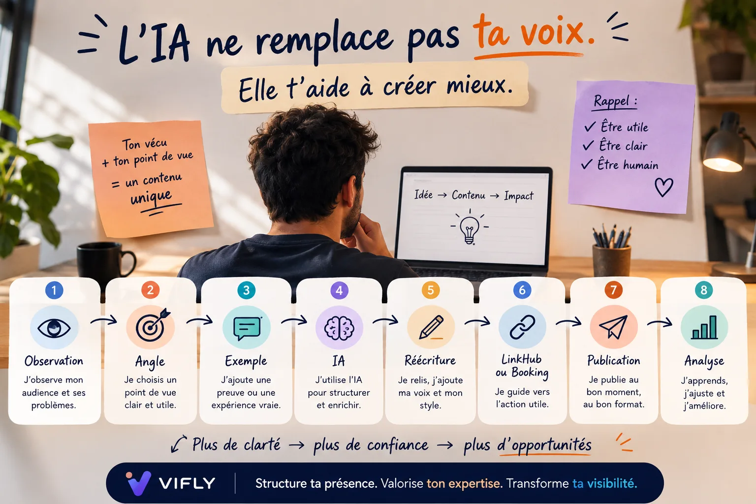 Workflow montrant comment utiliser l’IA pour créer un contenu original, de l’observation réelle à la publication et au parcours VIFLY.