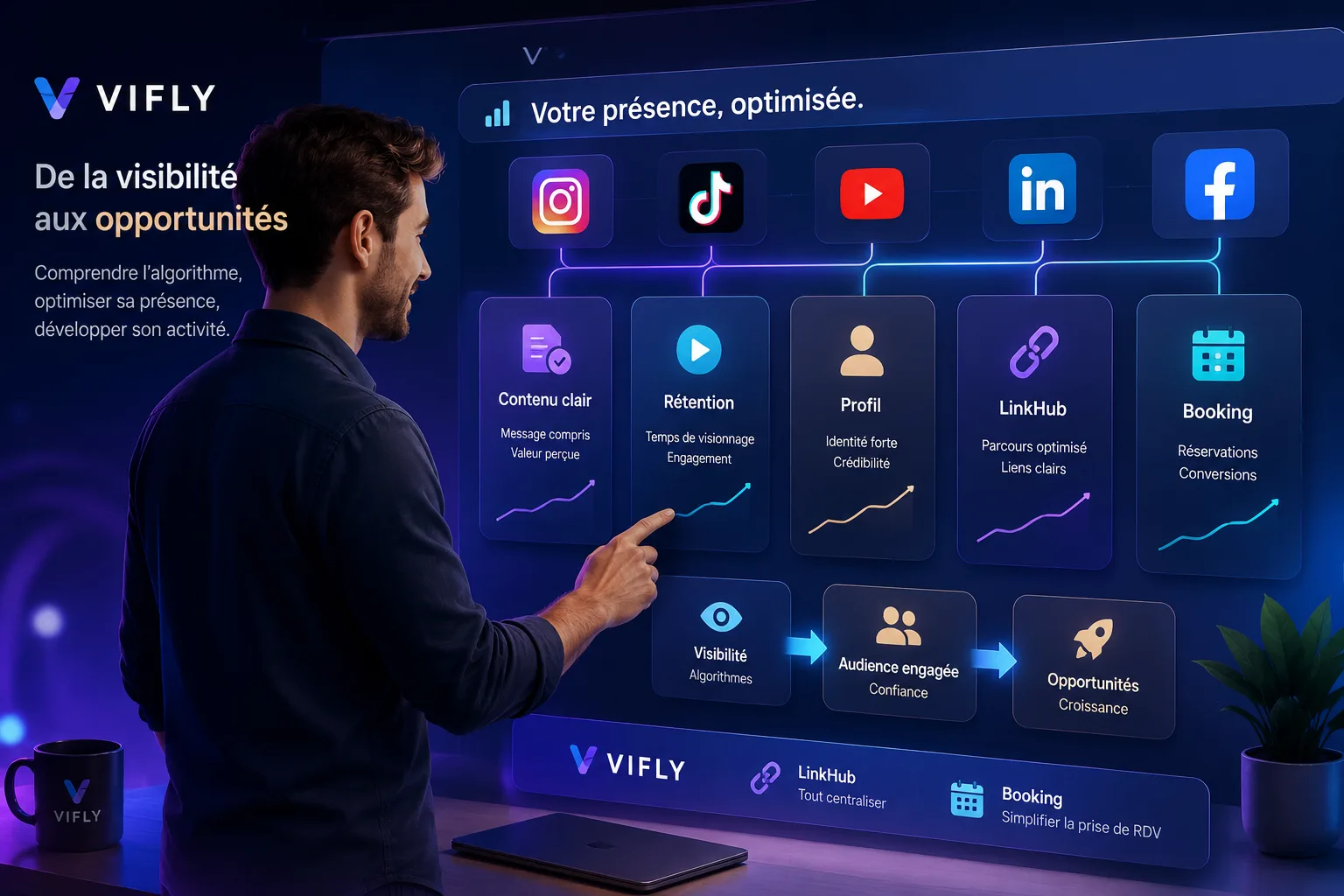 Créateur analysant les signaux qui rendent un compte visible sur les réseaux sociaux avec contenu clair, profil, LinkHub et Booking.