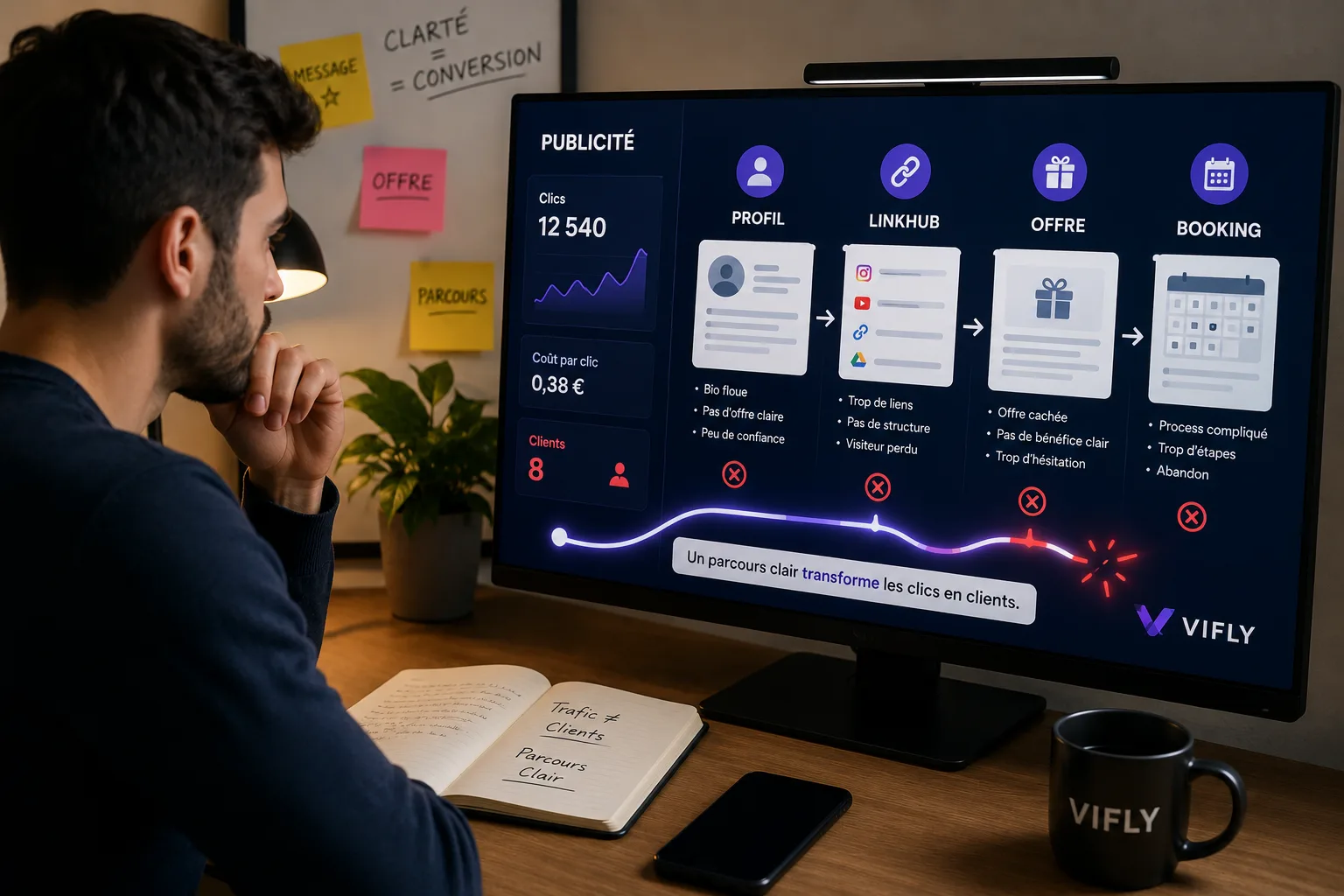Créateur analysant pourquoi ses publicités génèrent des clics mais pas de clients avec un parcours VIFLY à clarifier.