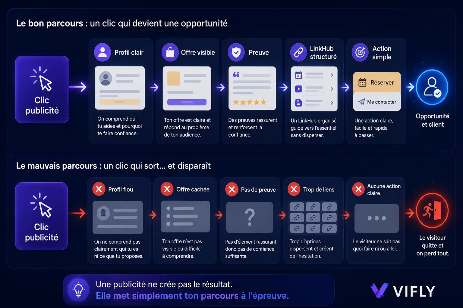 Schéma du parcours entre un clic publicitaire, un profil clair, un LinkHub structuré et une action simple.