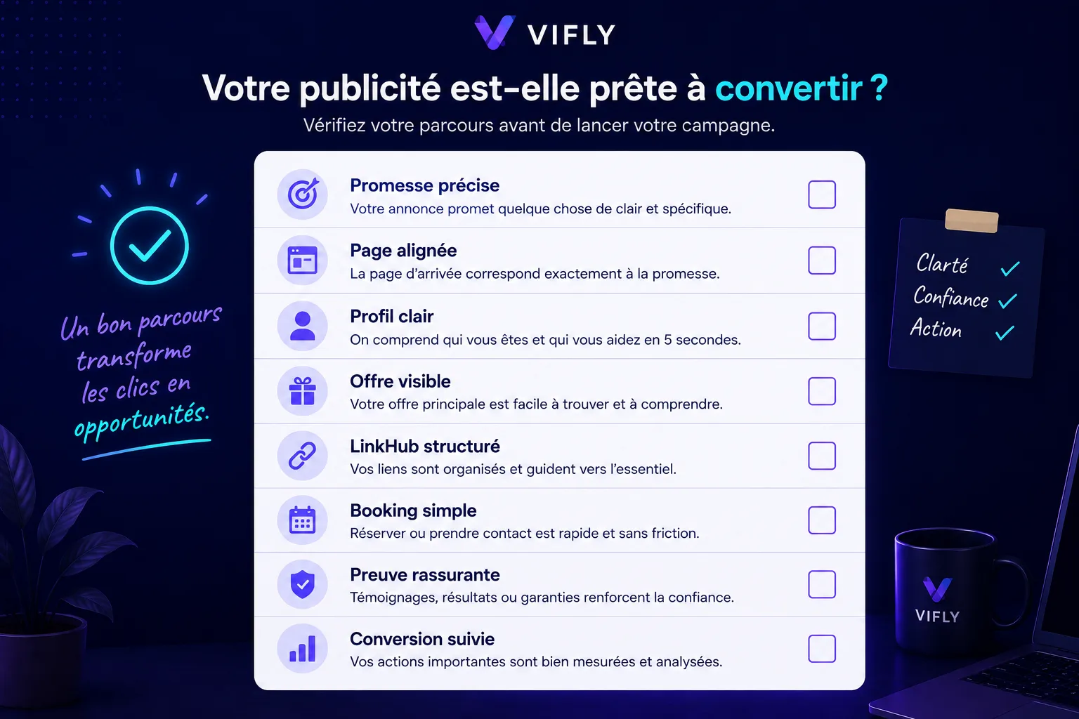 Checklist VIFLY pour vérifier si une publicité est prête à convertir les clics en clients.