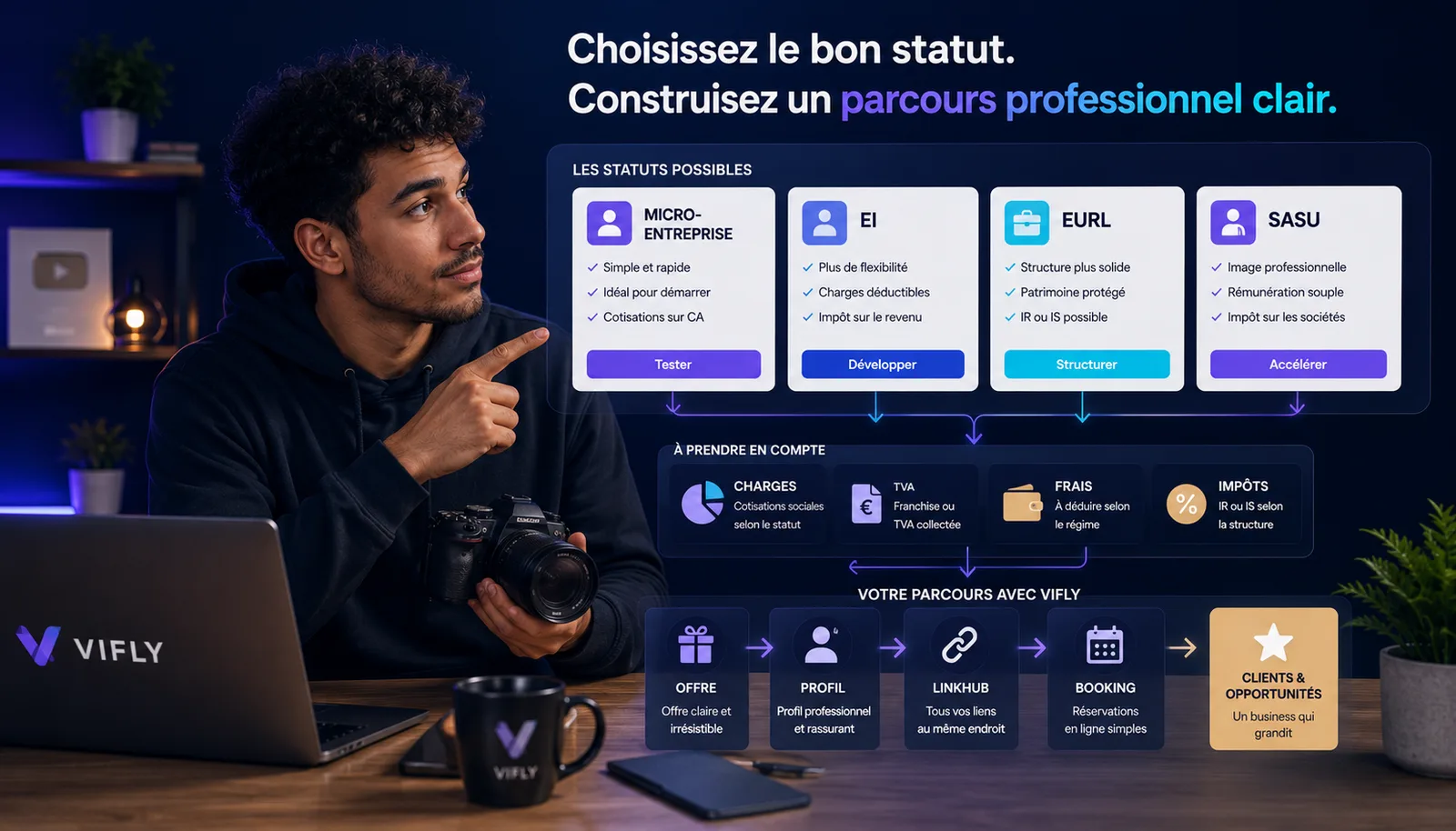 Créateur digital comparant les statuts juridiques 2026, charges, TVA et parcours professionnel avec VIFLY.