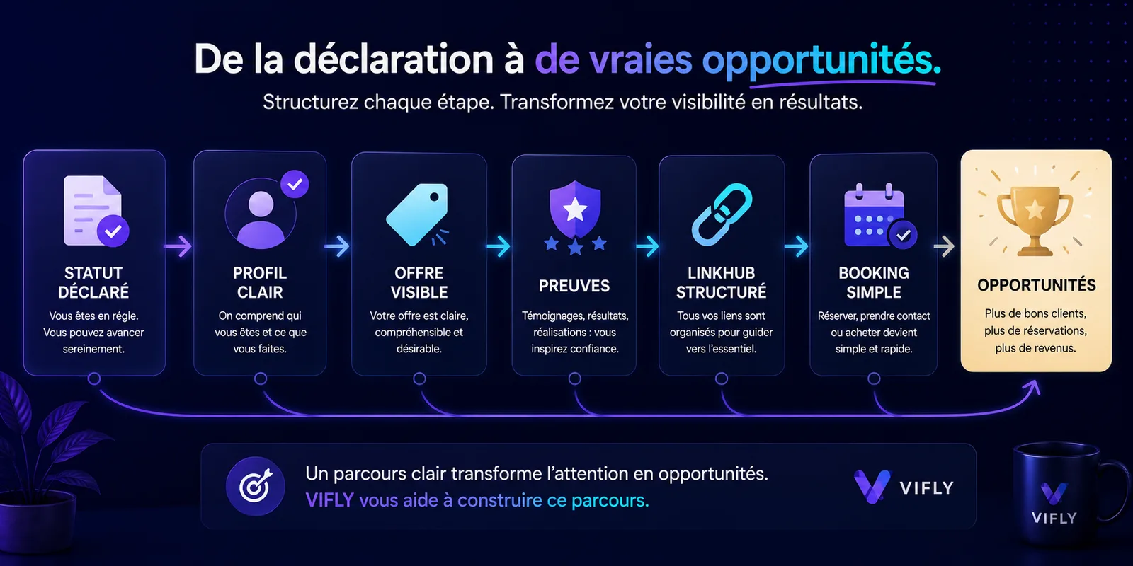 Schéma montrant comment un statut déclaré doit s’accompagner d’un profil clair, d’un LinkHub et d’un Booking pour professionnaliser son activité digitale.
