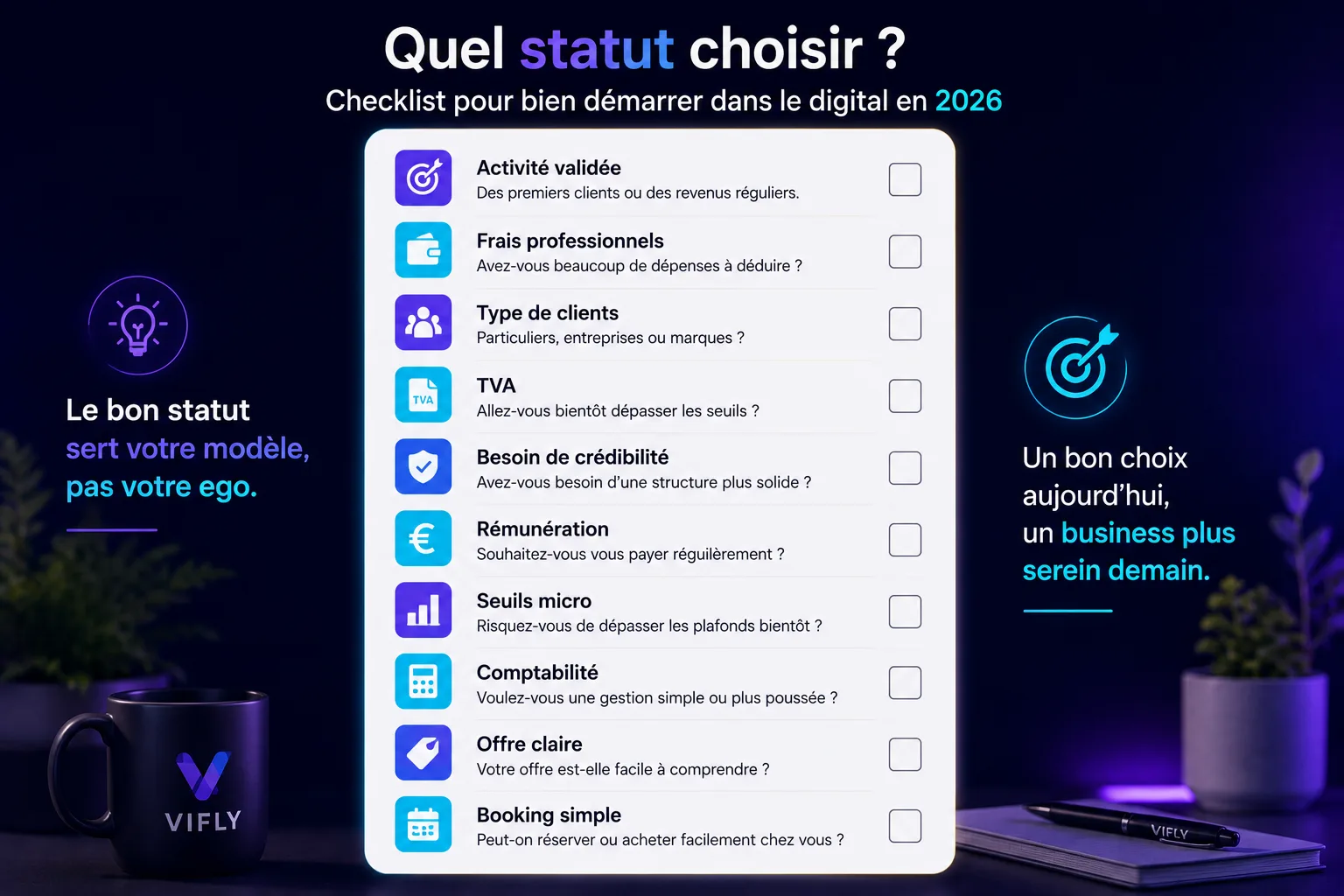 Checklist pour choisir le bon statut juridique quand on débute dans le digital en France en 2026.