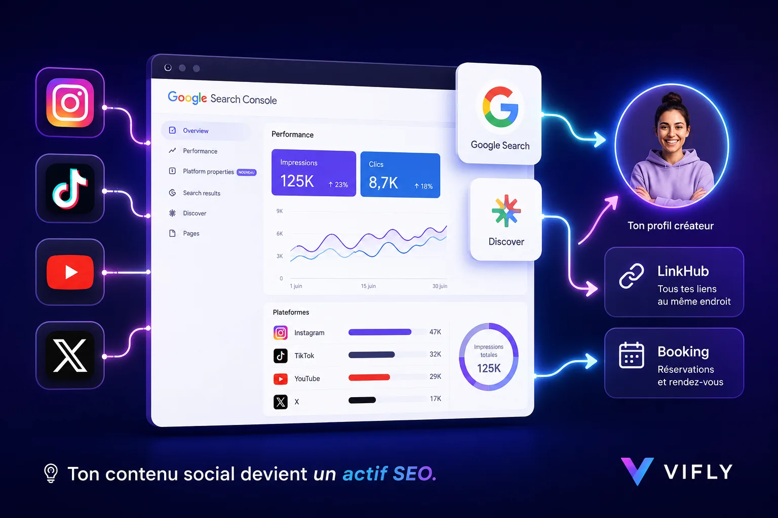 Créateur analysant la visibilité Google de ses contenus Instagram, TikTok, YouTube et X dans Google Search Console.