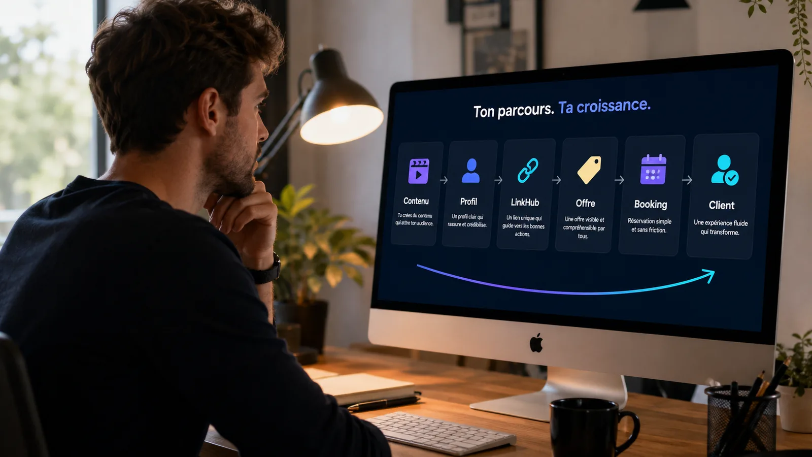 Créateur construisant un business en ligne en 2026 avec contenu, profil clair, LinkHub, offre visible et Booking.