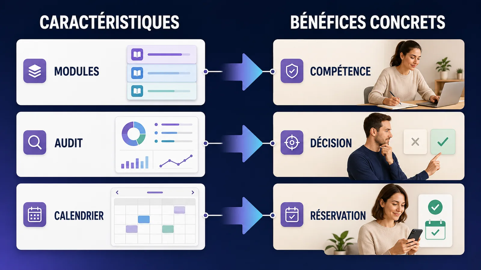 Transformation des caractéristiques d’une offre en bénéfices concrets selon la méthode marketing Apple.