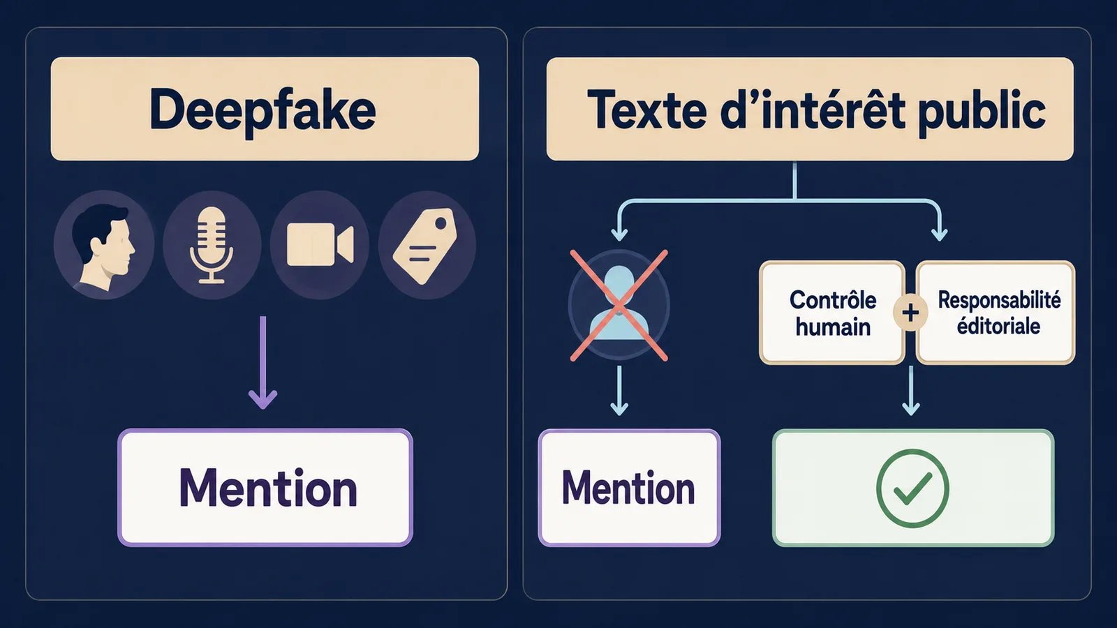 Matrice expliquant les deepfakes et les textes d’intérêt public concernés par l’obligation de mention des contenus IA en 2026