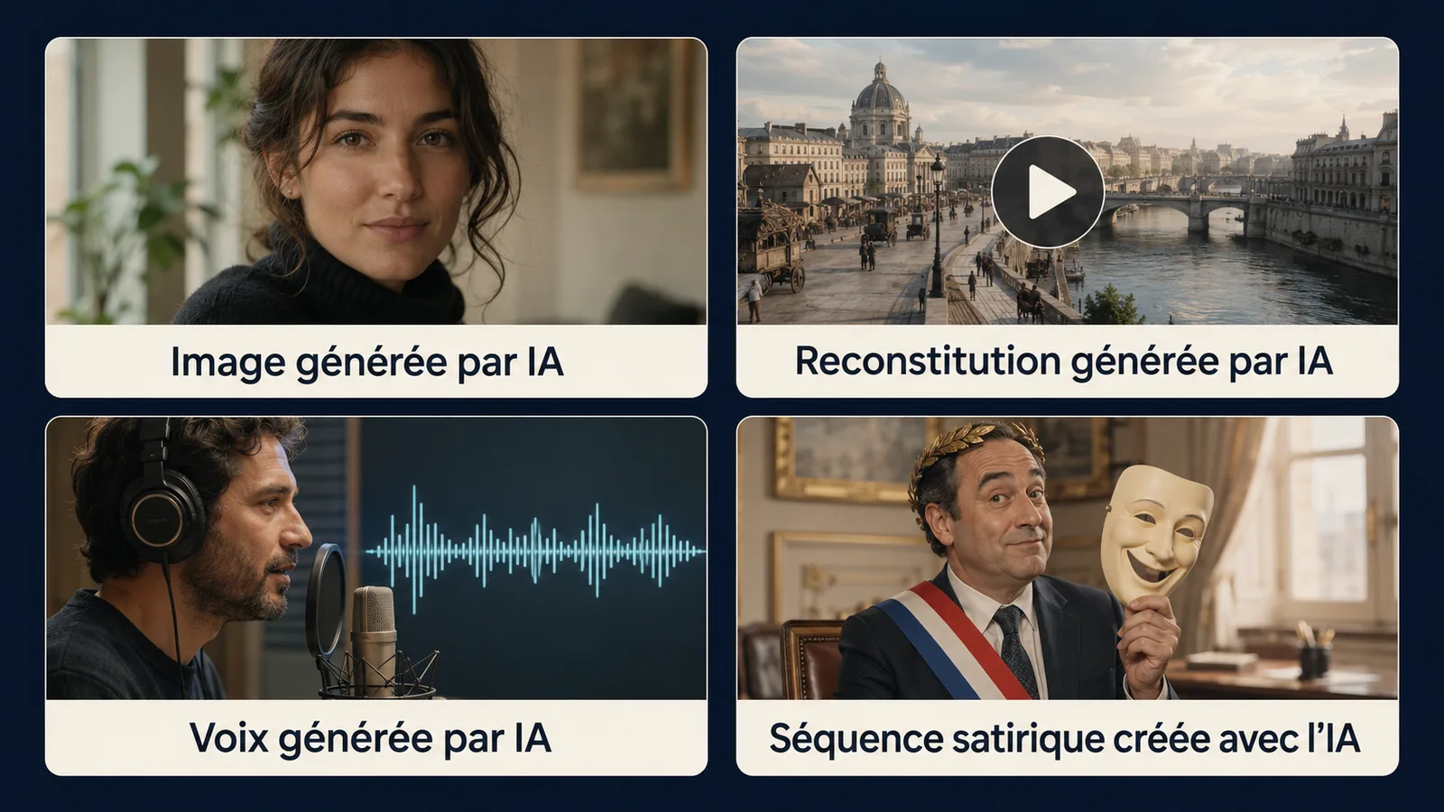 Exemples de mentions visibles pour une image, une vidéo, une voix ou une séquence satirique générée par IA.
