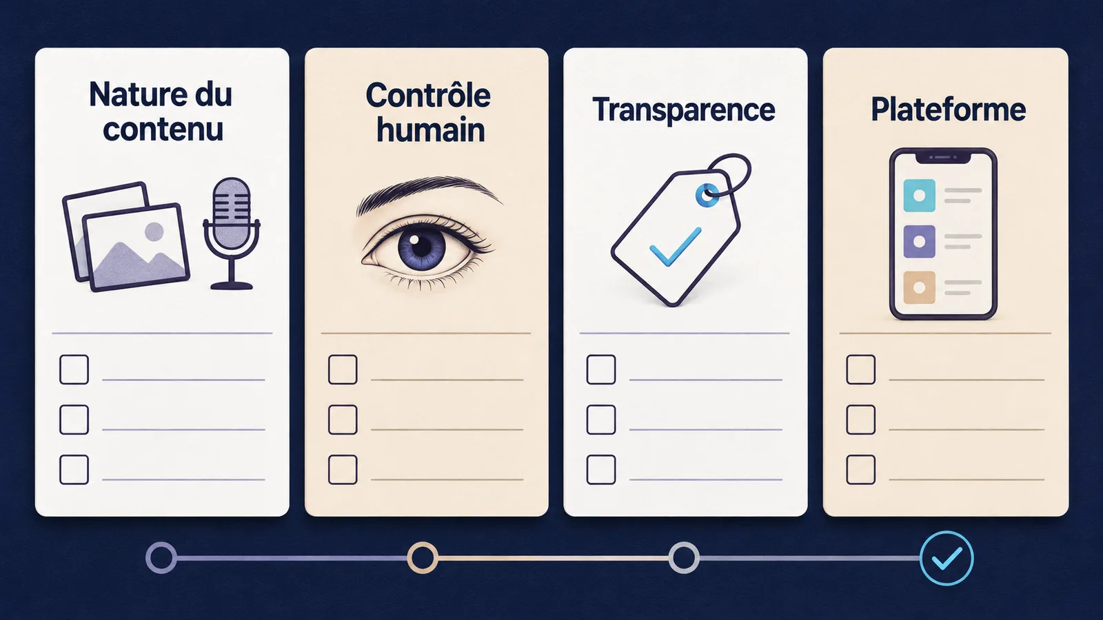 Checklist pour vérifier un contenu IA, sa validation humaine, sa mention de transparence et les règles de la plateforme.