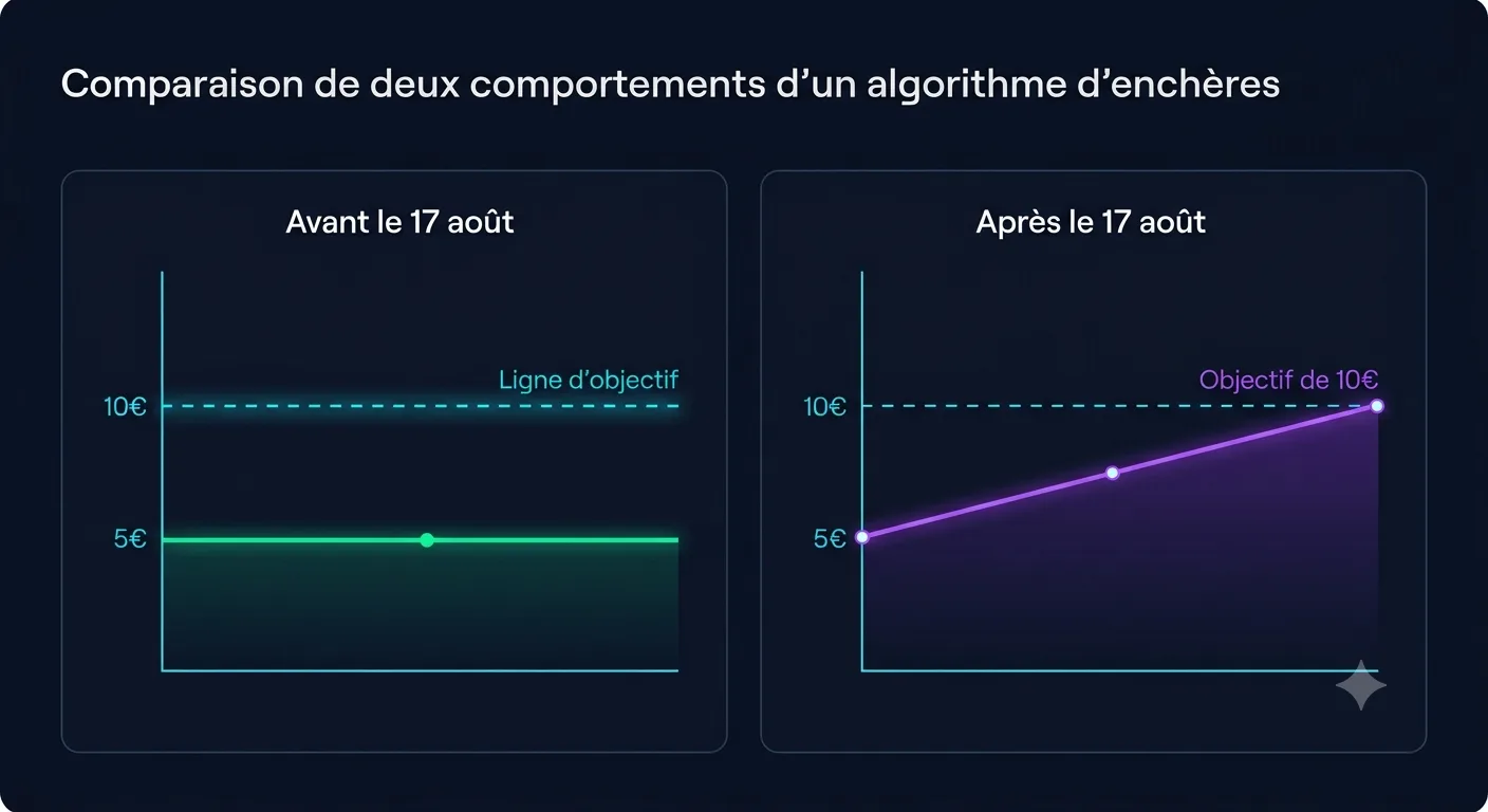 Schéma explicatif du changement de comportement du Target CPA Google Ads au 17 août 2026 pour les campagnes limitées par le budget.