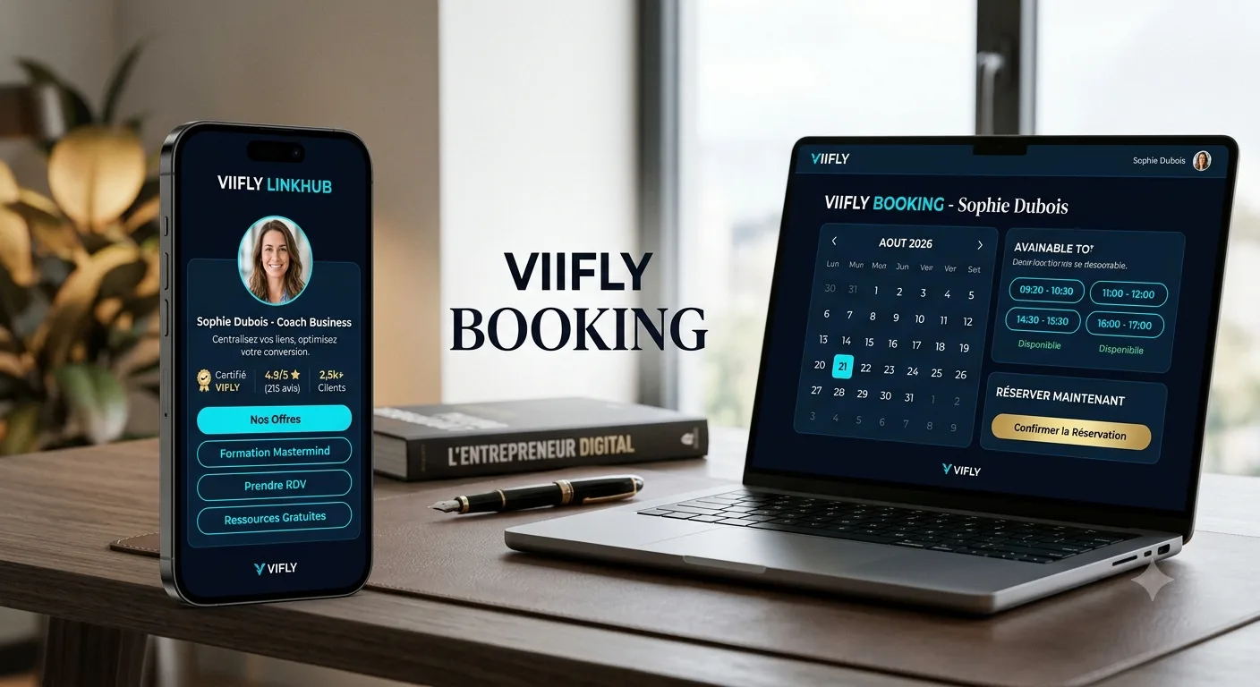 Interface VIFLY centralisant un LinkHub professionnel et un système de réservation VIFLY Booking.