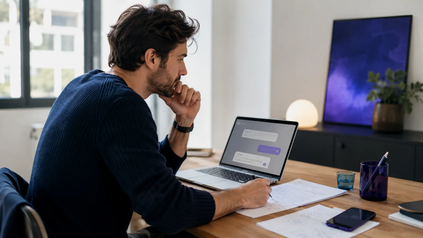 Entrepreneur consultant une conversation avec une intelligence artificielle sur son ordinateur portable dans un espace de travail lumineux.
