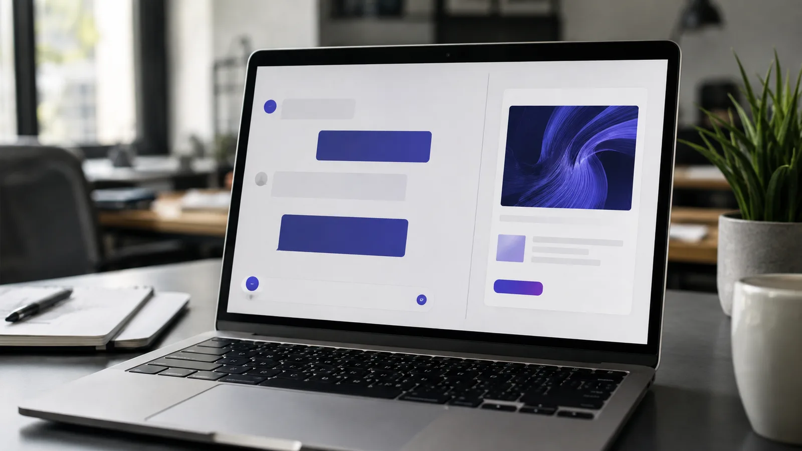 Ordinateur portable affichant une conversation IA séparée d’une carte de contenu sponsorisé dans un espace de travail moderne.